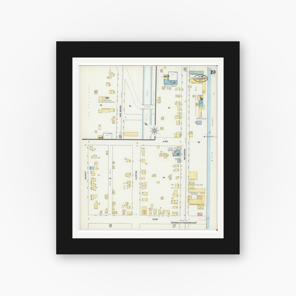 Old map wall art mockup — black gallery frame with white mat — Sanborn Fire Insurance Map from Lockport, Niagara County, New York (1898), Sheet #0019