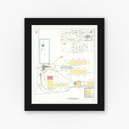 Old map wall art mockup — black gallery frame with white mat — Sanborn Fire Insurance Map from Conroe, Montgomery County, Texas (1923), Sheet #0005