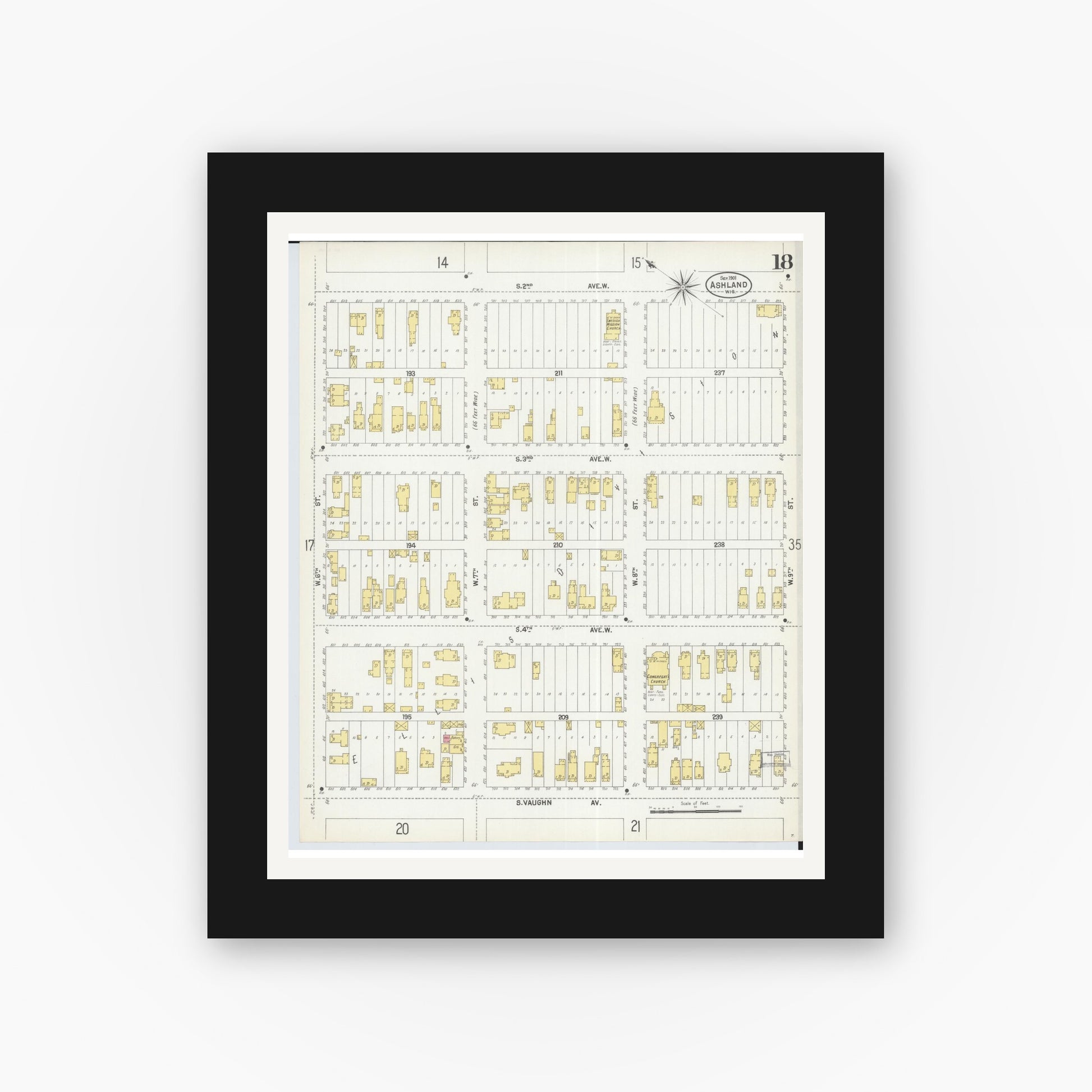 Old map wall art mockup — black gallery frame with white mat — Sanborn Fire Insurance Map from Ashland, Ashland County, Wisconsin (1901), Sheet #0018