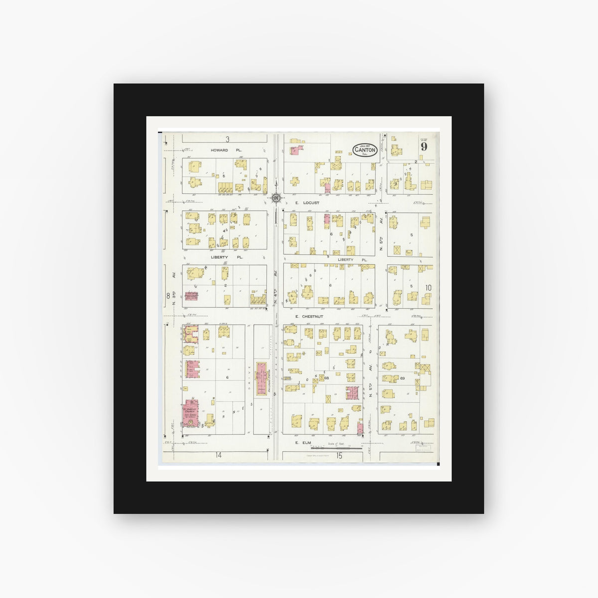 Old map wall art mockup — black gallery frame with white mat — Sanborn Fire Insurance Map from Canton, Fulton County, Illinois (1917), Sheet #0009