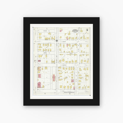 Old map wall art mockup — black gallery frame with white mat — Sanborn Fire Insurance Map from Canton, Fulton County, Illinois (1917), Sheet #0009