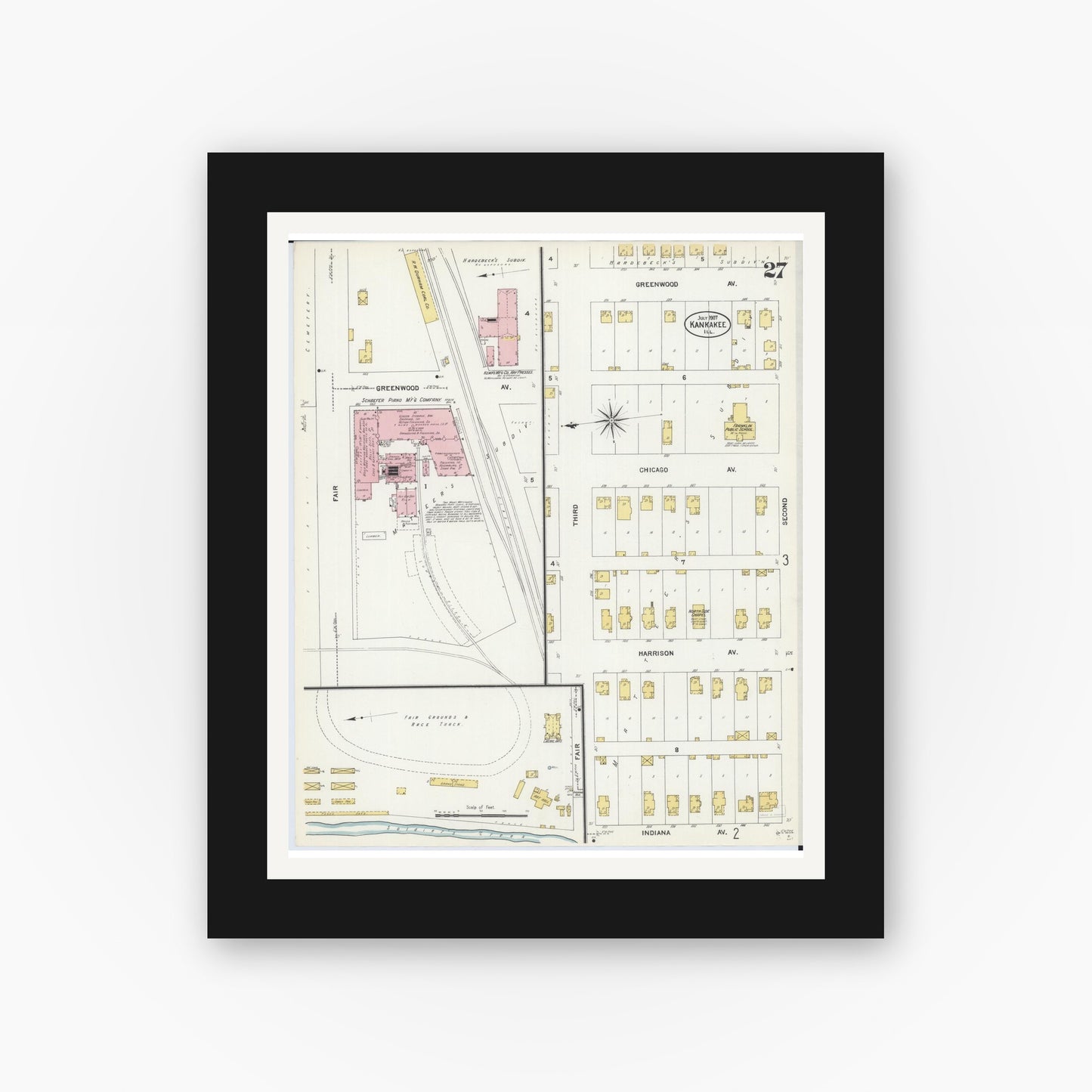 Old map wall art mockup — black gallery frame with white mat — Sanborn Fire Insurance Map from Kankakee, Kankakee County, Illinois (1907), Sheet #0027