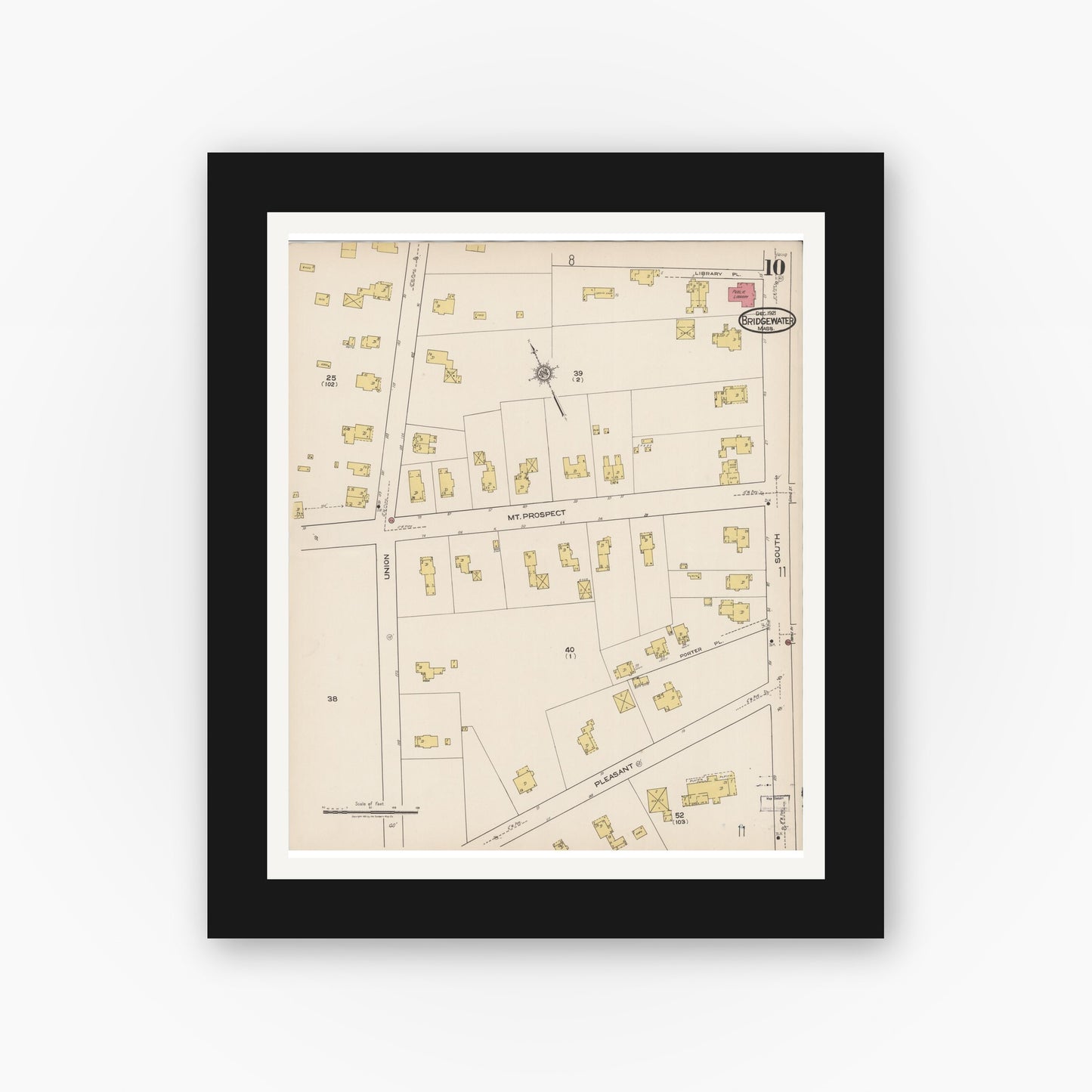 Old map wall art mockup — black gallery frame with white mat — Sanborn Fire Insurance Map from Bridgewater, Plymouth County, Massachusetts (1921), Sheet #0010