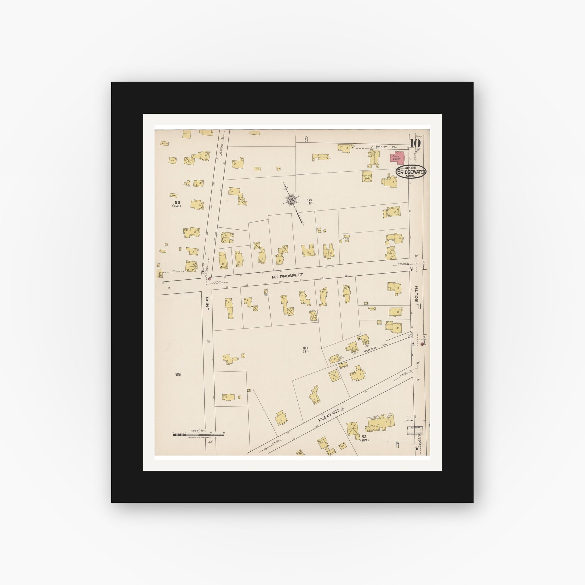 Old map wall art mockup — black gallery frame with white mat — Sanborn Fire Insurance Map from Bridgewater, Plymouth County, Massachusetts (1921), Sheet #0010
