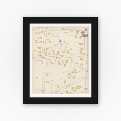 Old map wall art mockup — black gallery frame with white mat — Sanborn Fire Insurance Map from Bridgewater, Plymouth County, Massachusetts (1921), Sheet #0010