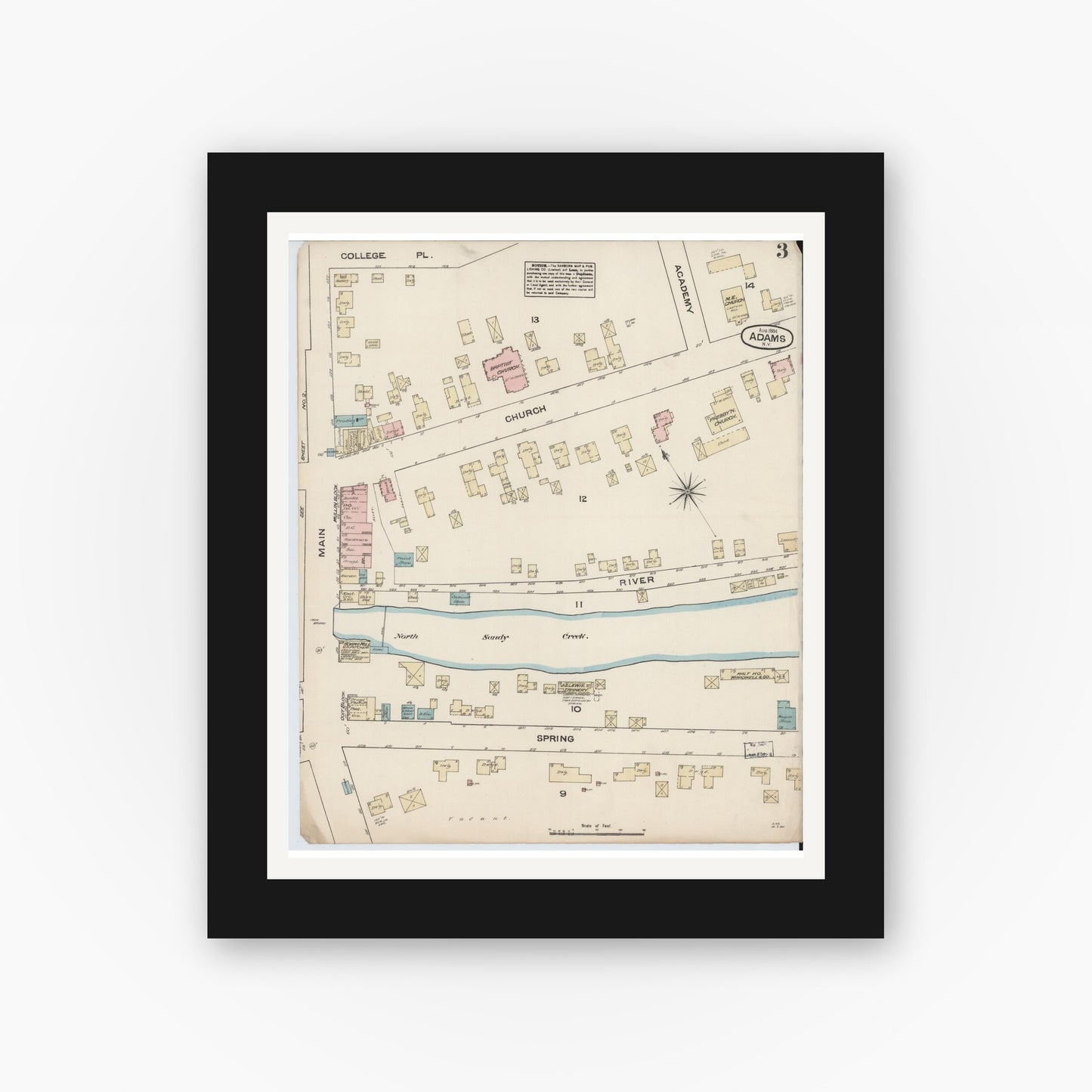 Old map wall art mockup — black gallery frame with white mat — Sanborn Fire Insurance Map from Adams, Jefferson County, New York (1884), Sheet #0003