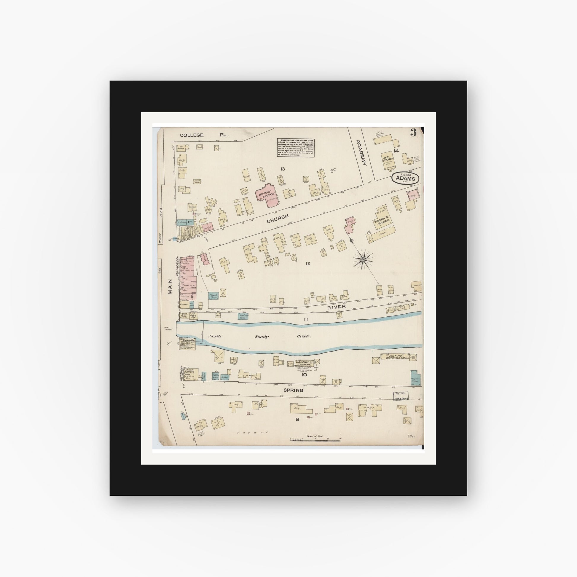 Old map wall art mockup — black gallery frame with white mat — Sanborn Fire Insurance Map from Adams, Jefferson County, New York (1884), Sheet #0003