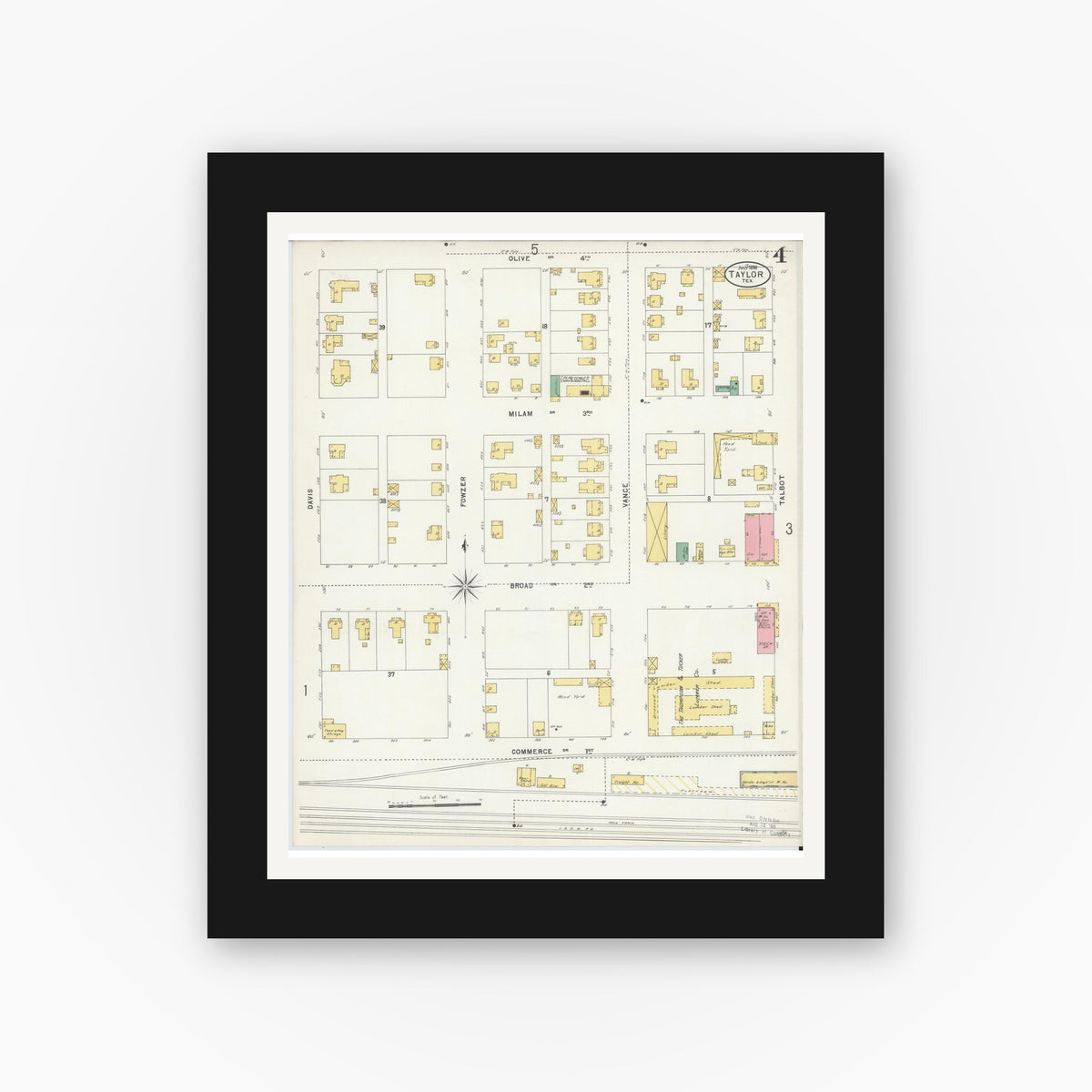 Old map wall art mockup — black gallery frame with white mat — Sanborn Fire Insurance Map from Taylor, Williamson County, Texas (1898), Sheet #0004