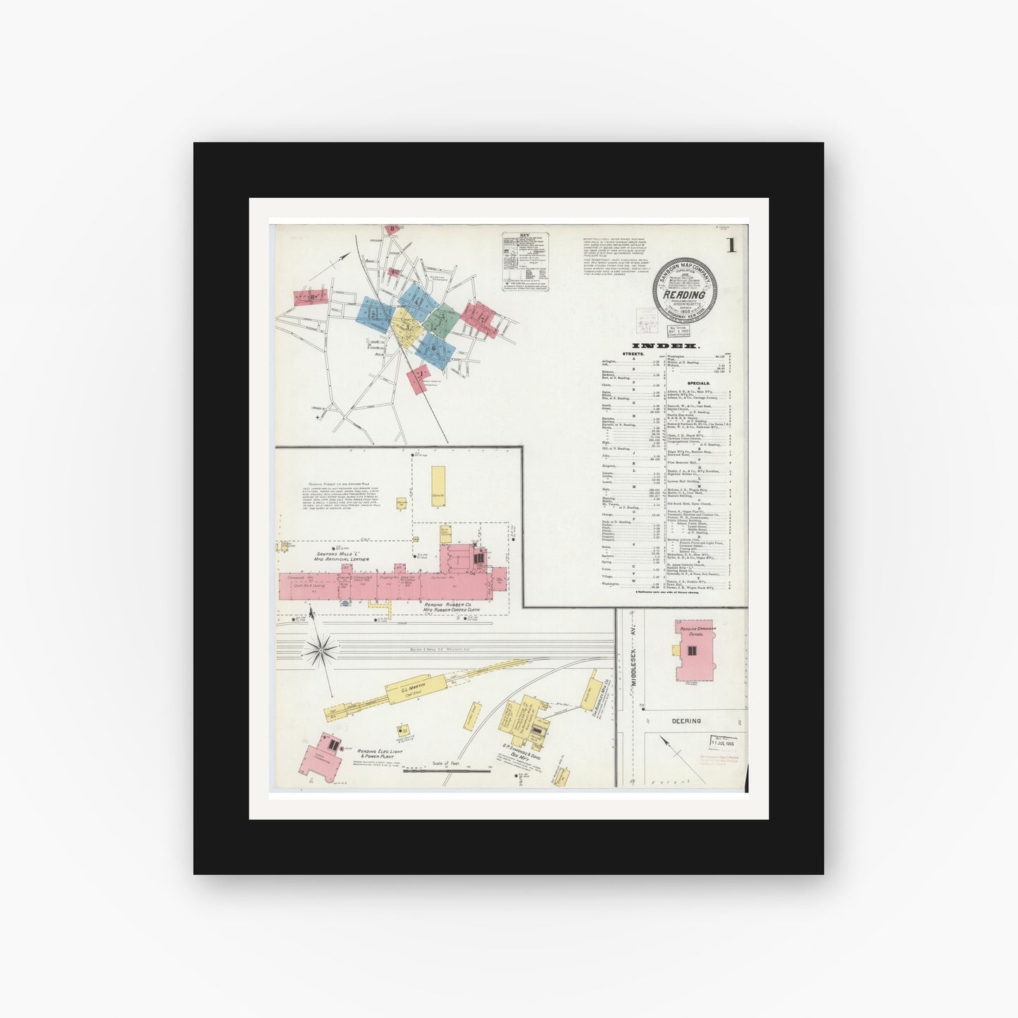 Old map wall art mockup — black gallery frame with white mat — Sanborn Fire Insurance Map from Reading, Middlesex County, Massachusetts (1903) - Complete Map Set