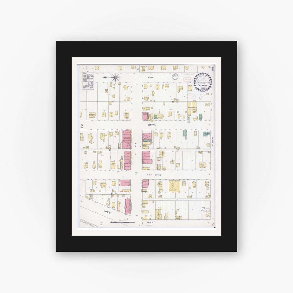 Old map wall art mockup — black gallery frame with white mat — Sanborn Fire Insurance Map from Lathrop, Clinton County, Missouri (1898), Sheet #0001