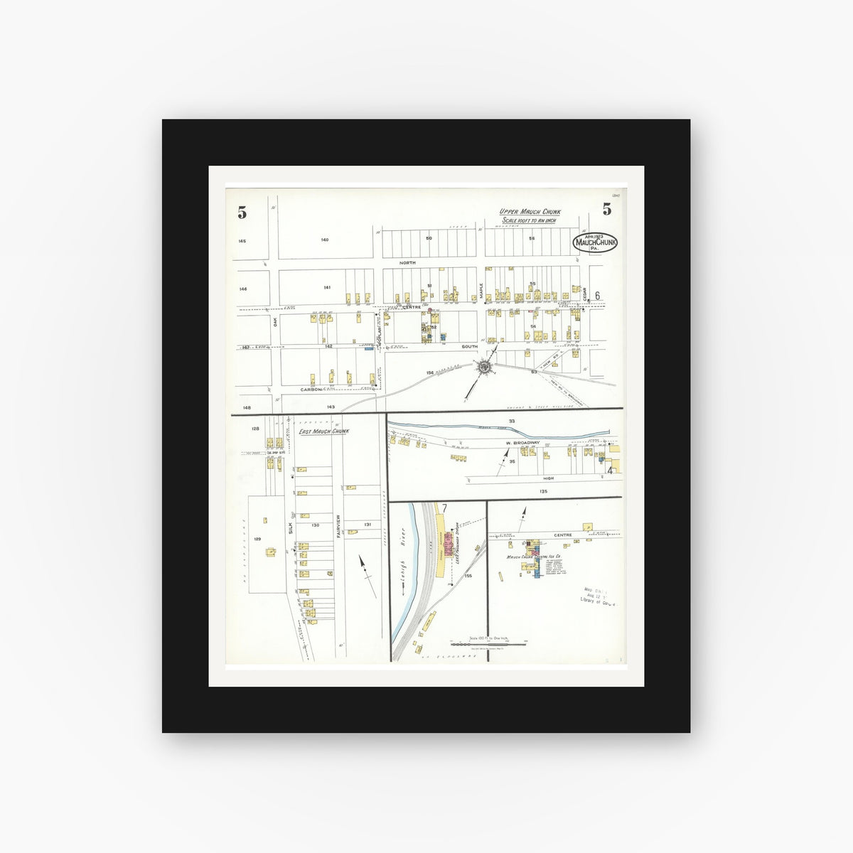 Old map wall art mockup — black gallery frame with white mat — Sanborn Fire Insurance Map from Mauch Chunk, Carbon County, Pennsylvania (1923), Sheet #0005