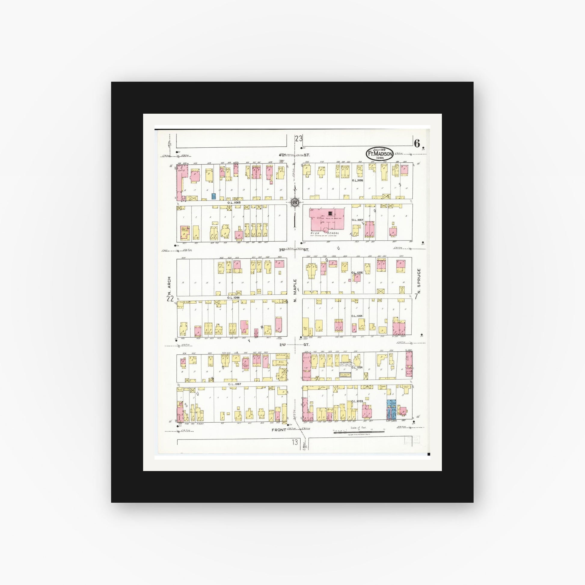 Old map wall art mockup — black gallery frame with white mat — Sanborn Fire Insurance Map from Fort Madison, Lee County, Iowa (1919), Sheet #0006