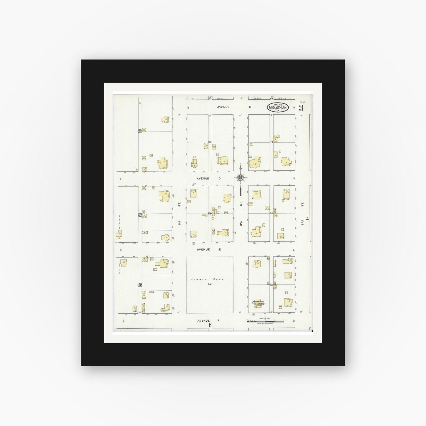 Old map wall art mockup — black gallery frame with white mat — Sanborn Fire Insurance Map from Midlothian, Ellis County, Texas (1921), Sheet #0003