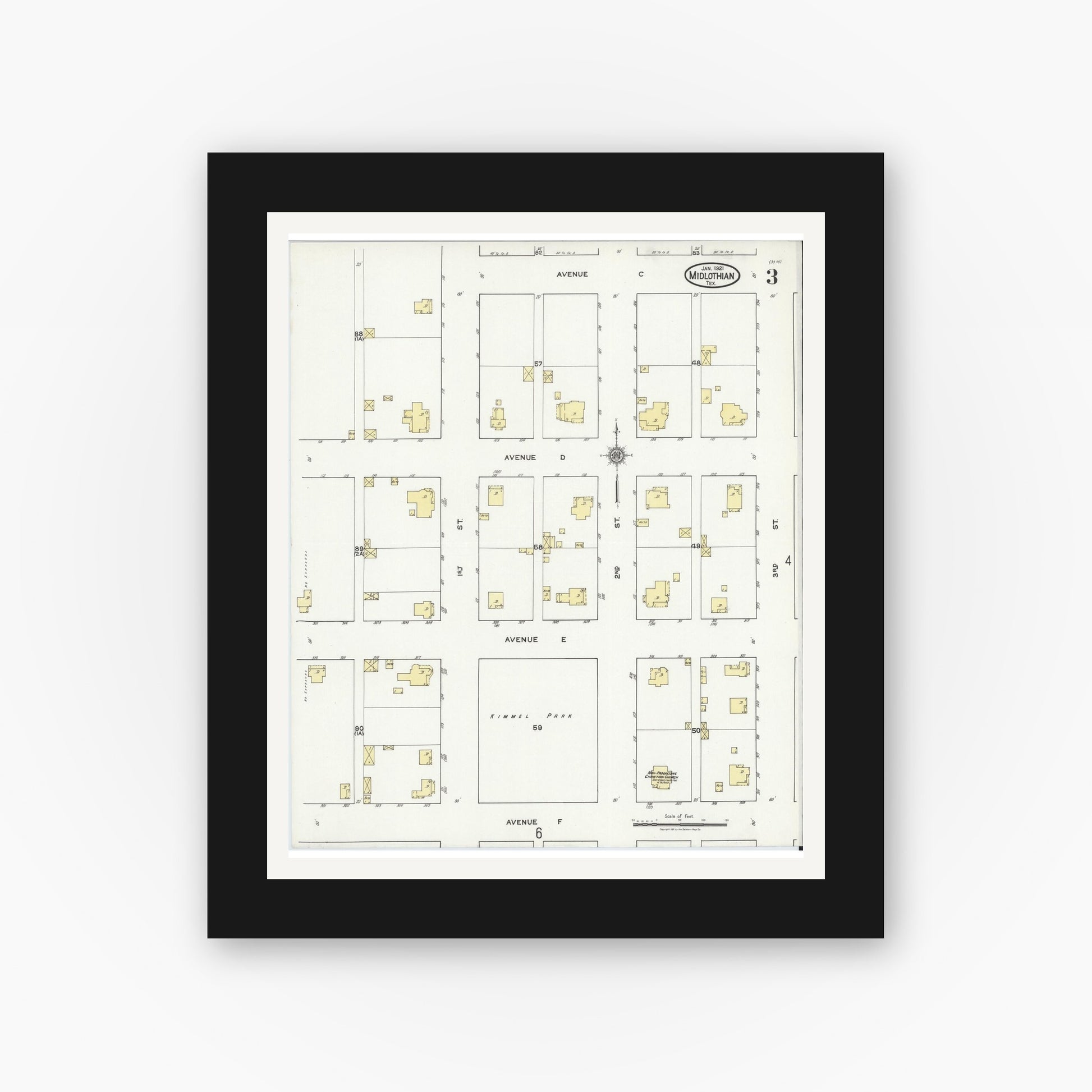 Old map wall art mockup — black gallery frame with white mat — Sanborn Fire Insurance Map from Midlothian, Ellis County, Texas (1921), Sheet #0003