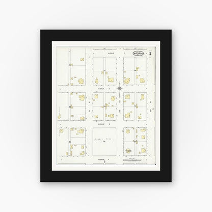 Old map wall art mockup — black gallery frame with white mat — Sanborn Fire Insurance Map from Midlothian, Ellis County, Texas (1921), Sheet #0003