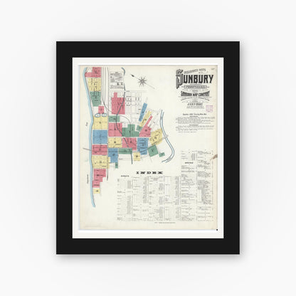 Old map wall art mockup — black gallery frame with white mat — Sanborn Fire Insurance Map from Sunbury, Northumberland County, Pennsylvania (1907), Sheet #0001