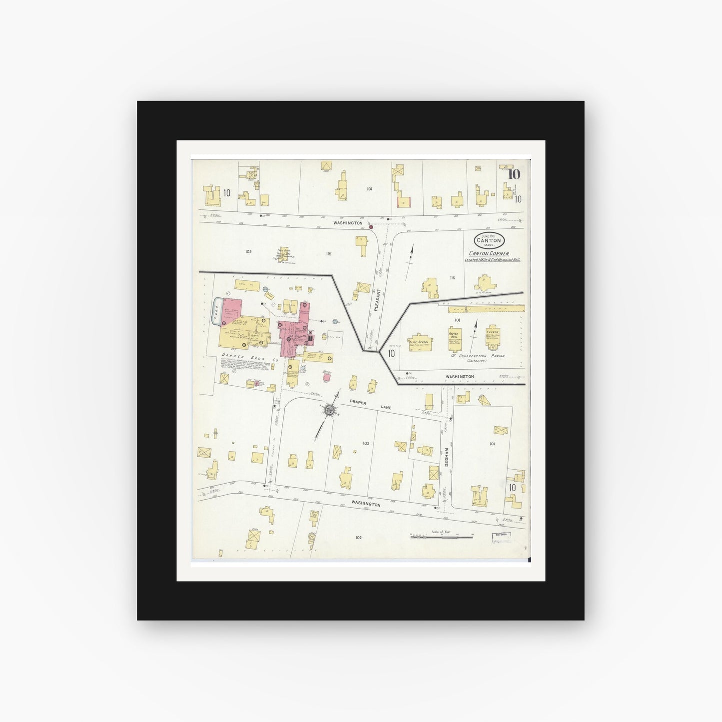 Old map wall art mockup — black gallery frame with white mat — Sanborn Fire Insurance Map from Canton, Norfolk County, Massachusetts (1911), Sheet #0010