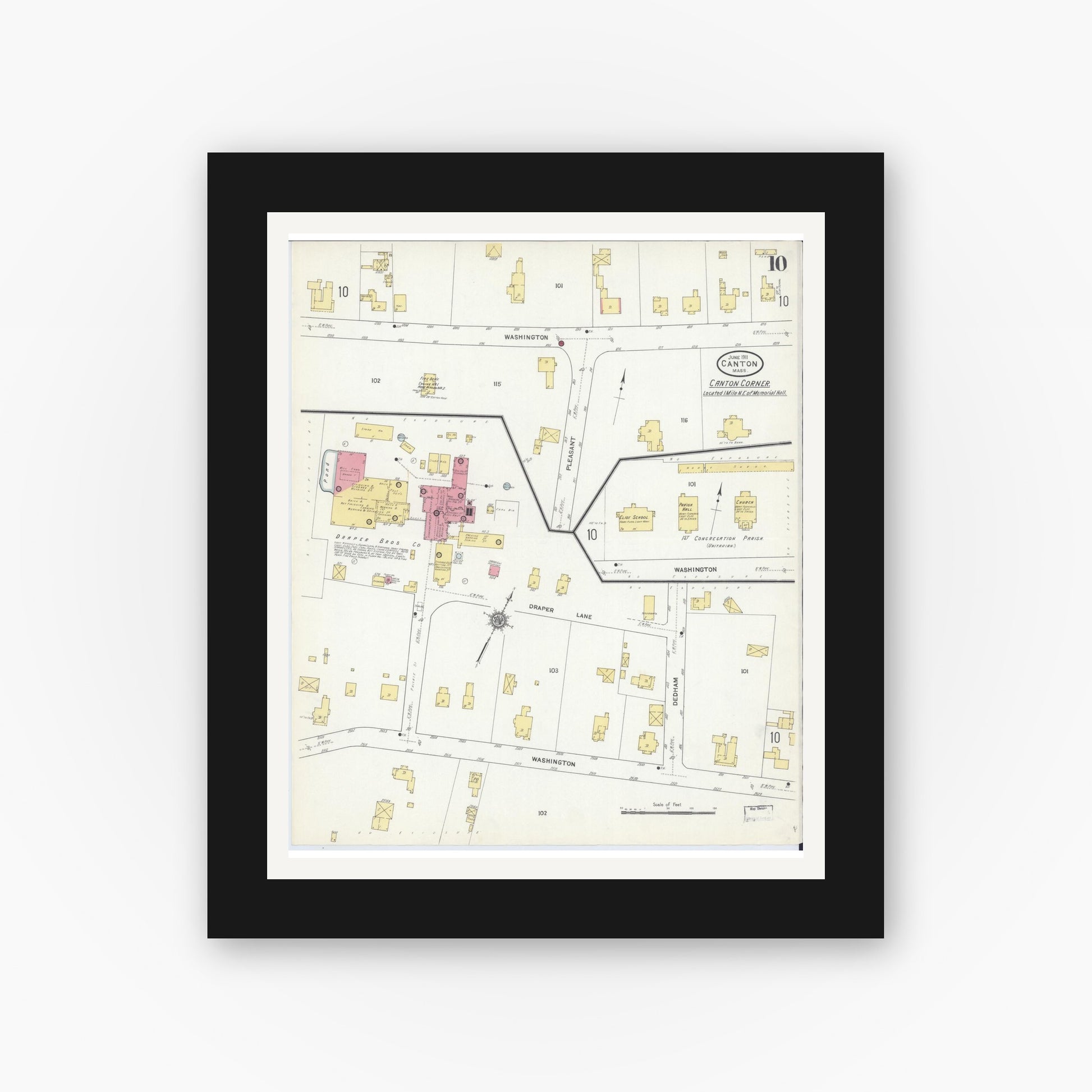 Old map wall art mockup — black gallery frame with white mat — Sanborn Fire Insurance Map from Canton, Norfolk County, Massachusetts (1911), Sheet #0010