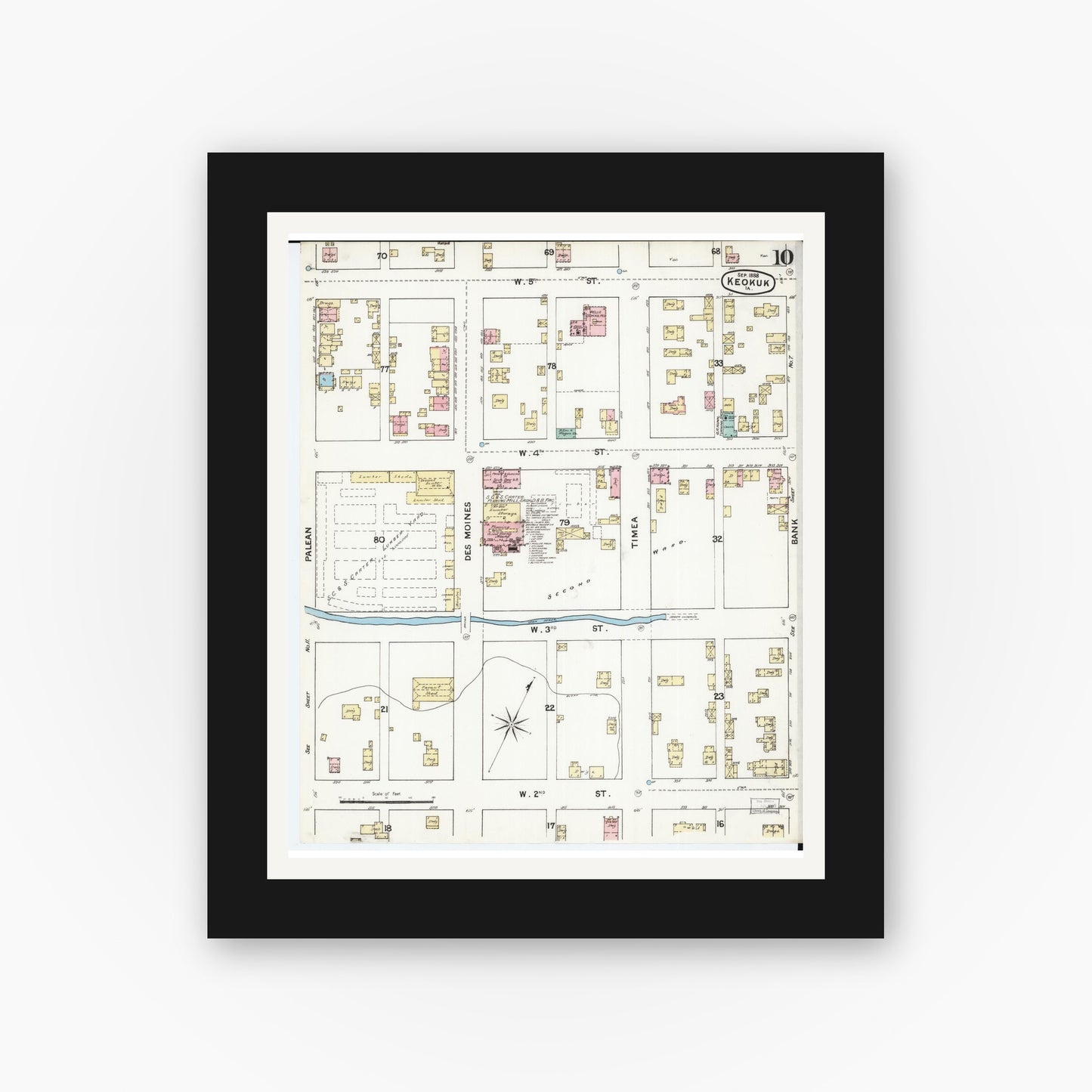 Old map wall art mockup — black gallery frame with white mat — Sanborn Fire Insurance Map from Keokuk, Lee County, Iowa (1888), Sheet #0010