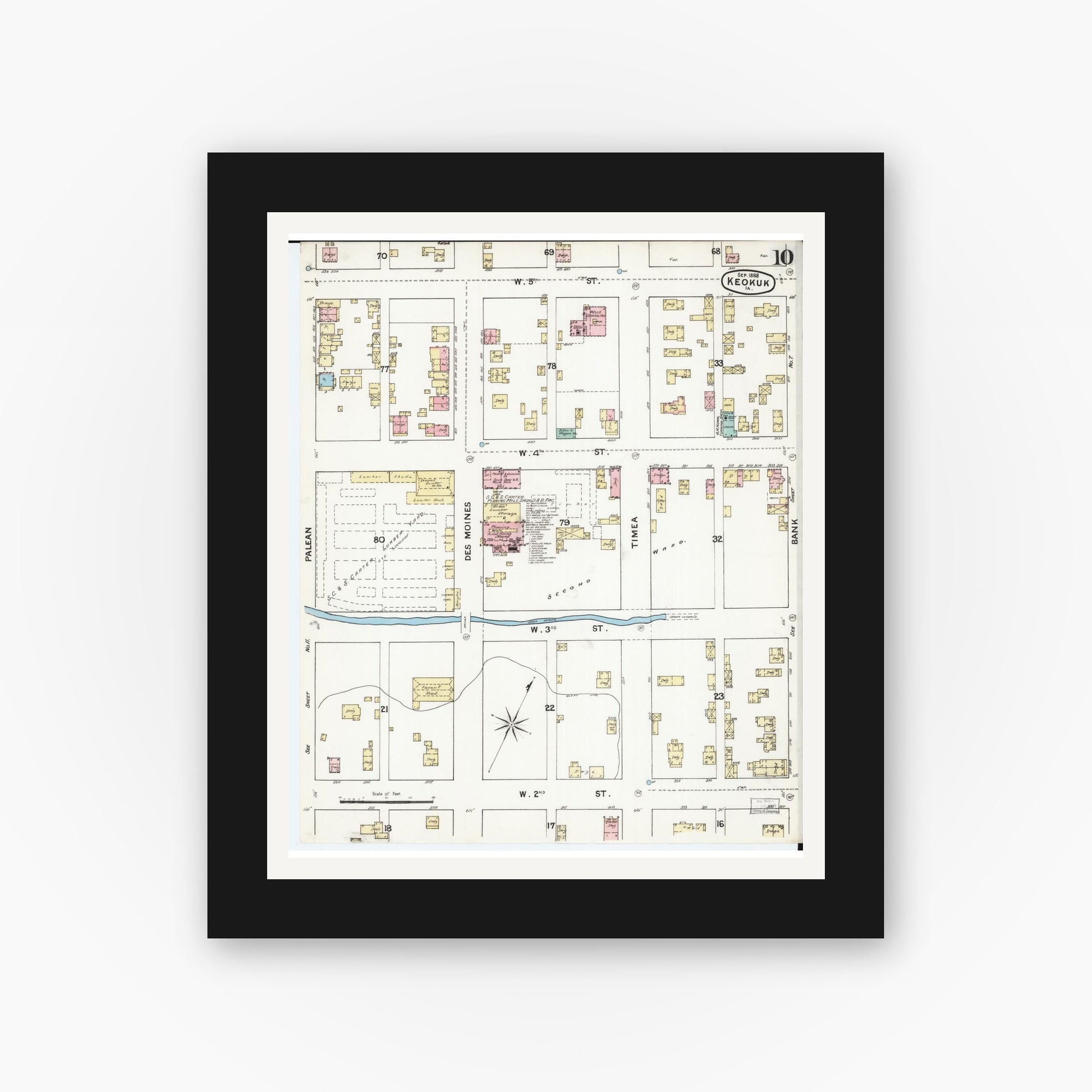 Old map wall art mockup — black gallery frame with white mat — Sanborn Fire Insurance Map from Keokuk, Lee County, Iowa (1888), Sheet #0010