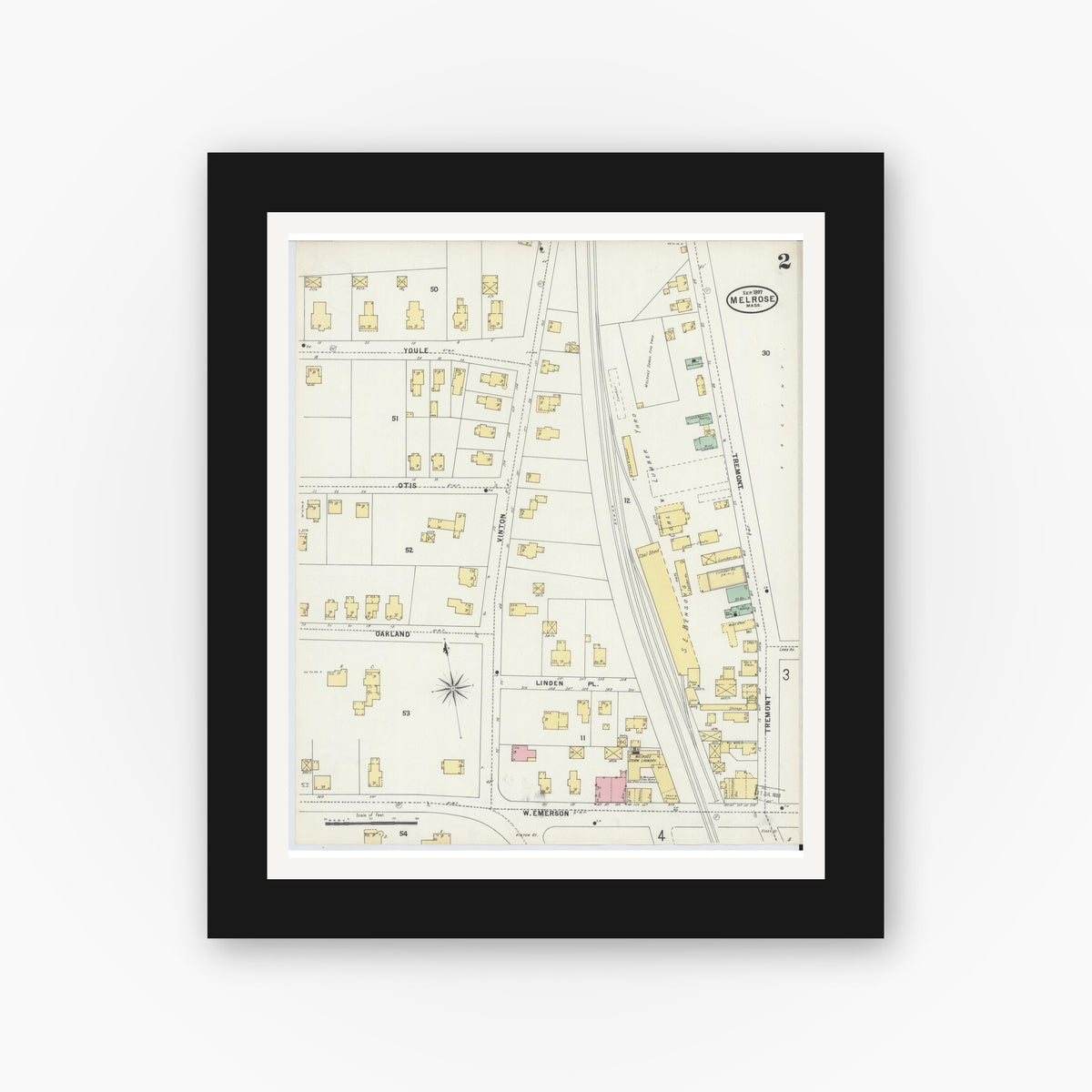 Old map wall art mockup — black gallery frame with white mat — Sanborn Fire Insurance Map from Melrose, Middlesex County, Massachusetts (1897), Sheet #0002