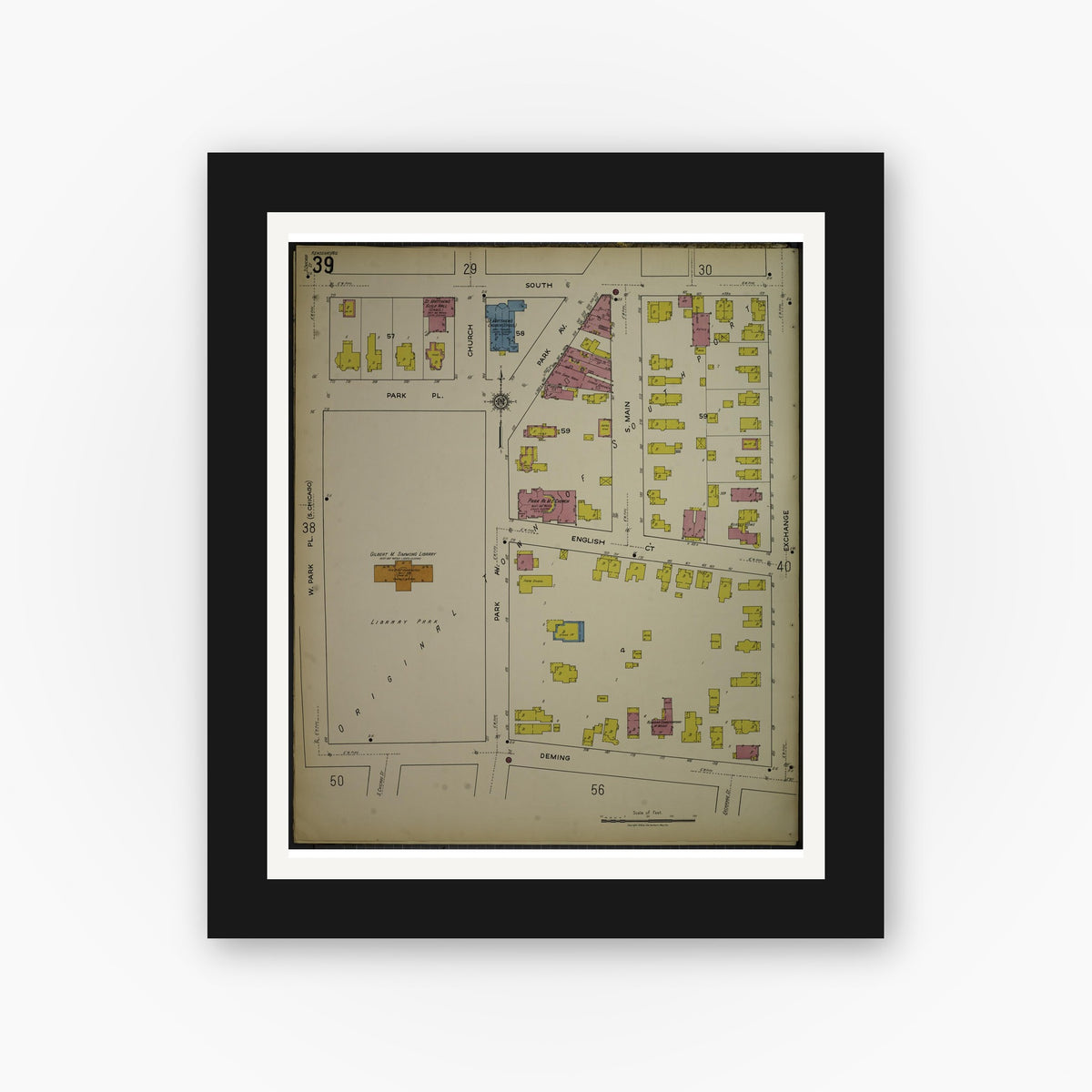Old map wall art mockup — black gallery frame with white mat — Sanborn Fire Insurance Map from Kenosha, Kenosha County, Wisconsin. (1918), Sheet 43