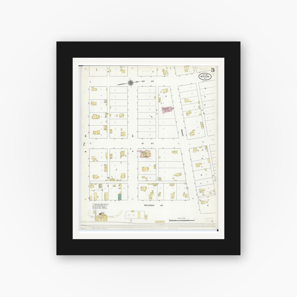 Old map wall art mockup — black gallery frame with white mat — Sanborn Fire Insurance Map from Macon, Macon County, Illinois (1910), Sheet #0003