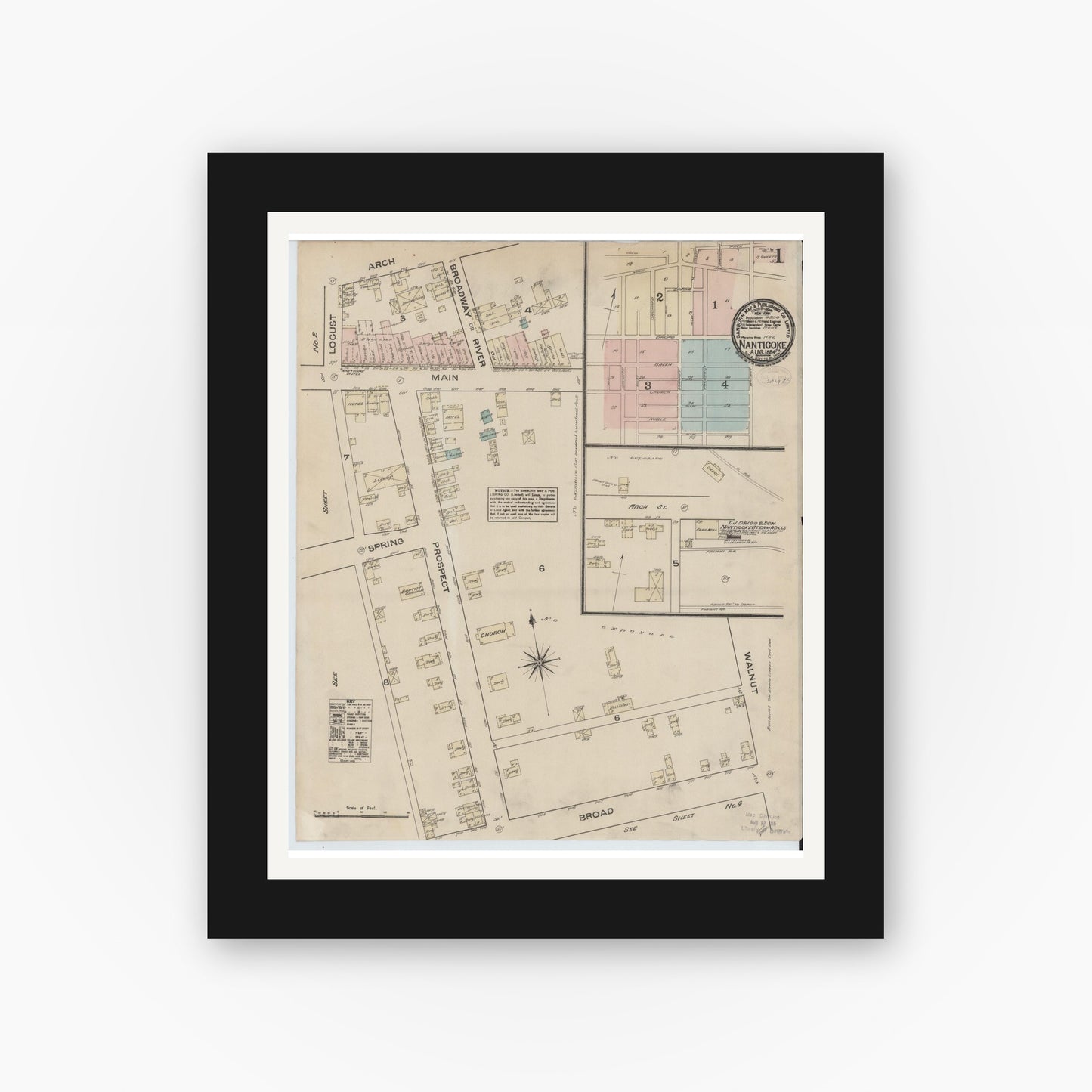 Old map wall art mockup — black gallery frame with white mat — Sanborn Fire Insurance Map from Nanticoke, Luzerne County, Pennsylvania (1884), Sheet #0001