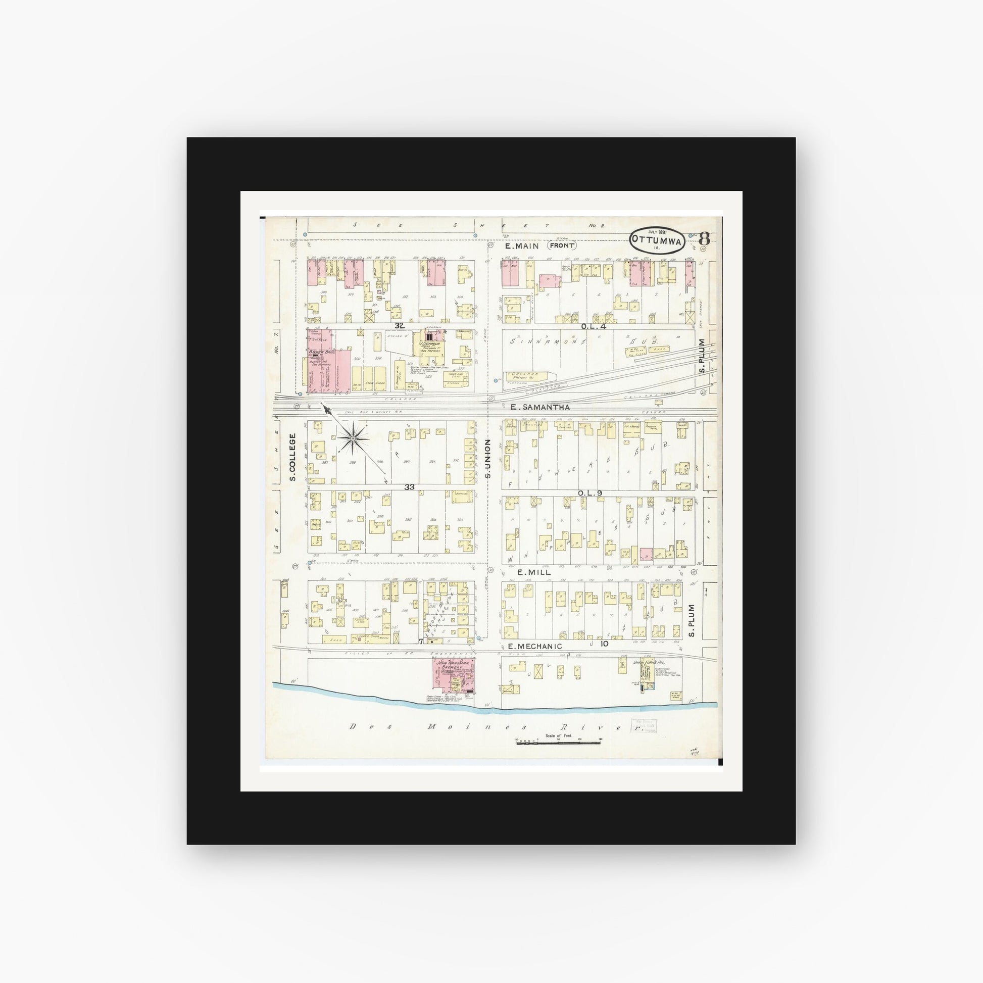 Old map wall art mockup — black gallery frame with white mat — Sanborn Fire Insurance Map from Ottumwa, Wapello County, Iowa (1891), Sheet #0008