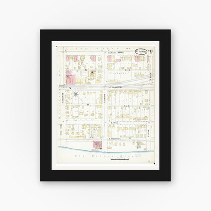 Old map wall art mockup — black gallery frame with white mat — Sanborn Fire Insurance Map from Ottumwa, Wapello County, Iowa (1891), Sheet #0008