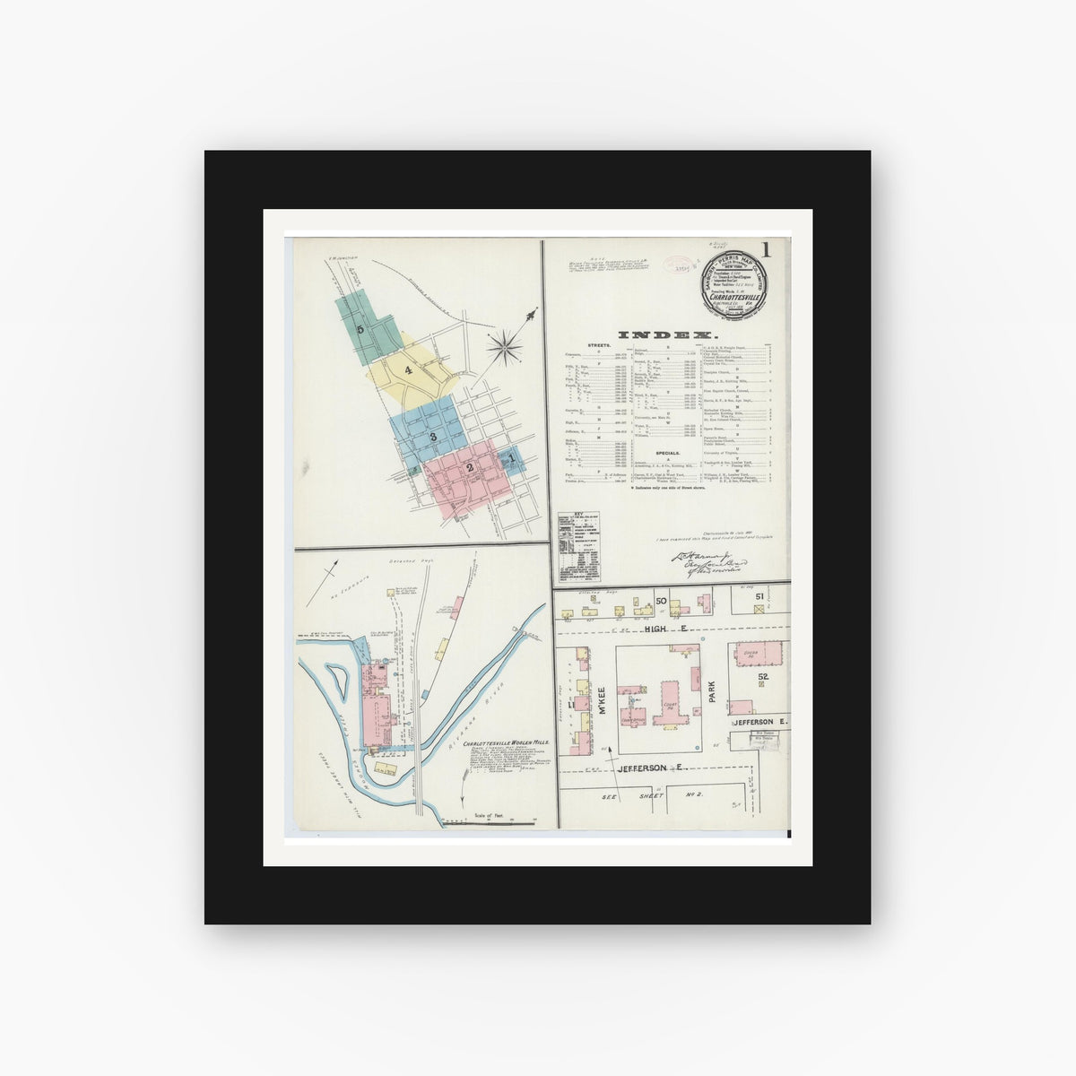 Old map wall art mockup — black gallery frame with white mat — Sanborn Fire Insurance Map from Charlottesville, Independent Cities, Virginia (1891), Sheet #0001
