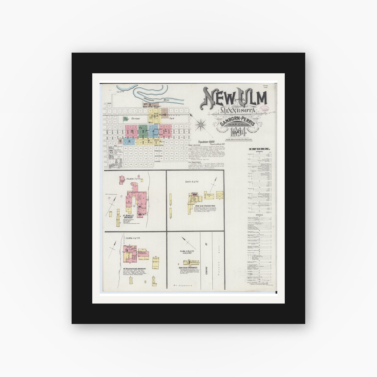Old map wall art mockup — black gallery frame with white mat — Sanborn Fire Insurance Map from New Ulm, Brown County, Minnesota (1894), Sheet #0001