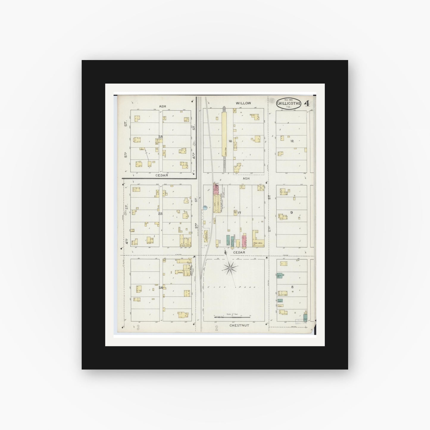 Old map wall art mockup — black gallery frame with white mat — Sanborn Fire Insurance Map from Chillicothe, Peoria County, Illinois (1893), Sheet #0004
