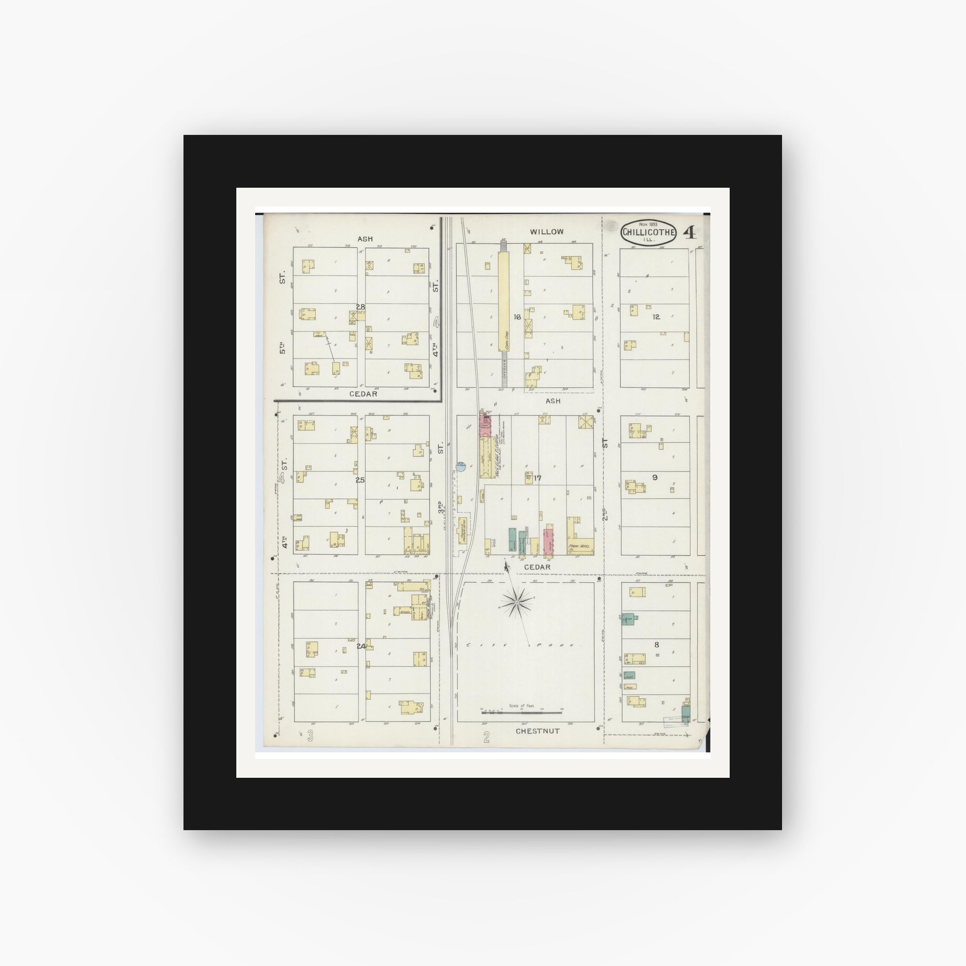 Old map wall art mockup — black gallery frame with white mat — Sanborn Fire Insurance Map from Chillicothe, Peoria County, Illinois (1893), Sheet #0004