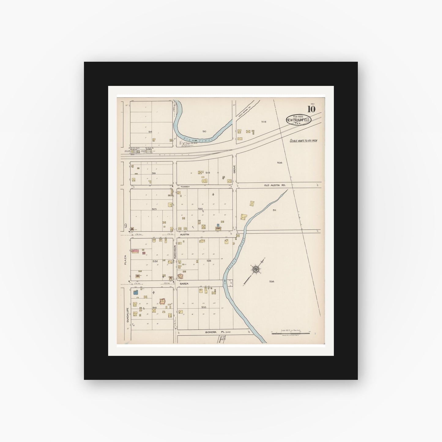 Old map wall art mockup — black gallery frame with white mat — Sanborn Fire Insurance Map from New Braunfels, Comal County, Texas (1922), Sheet #0010