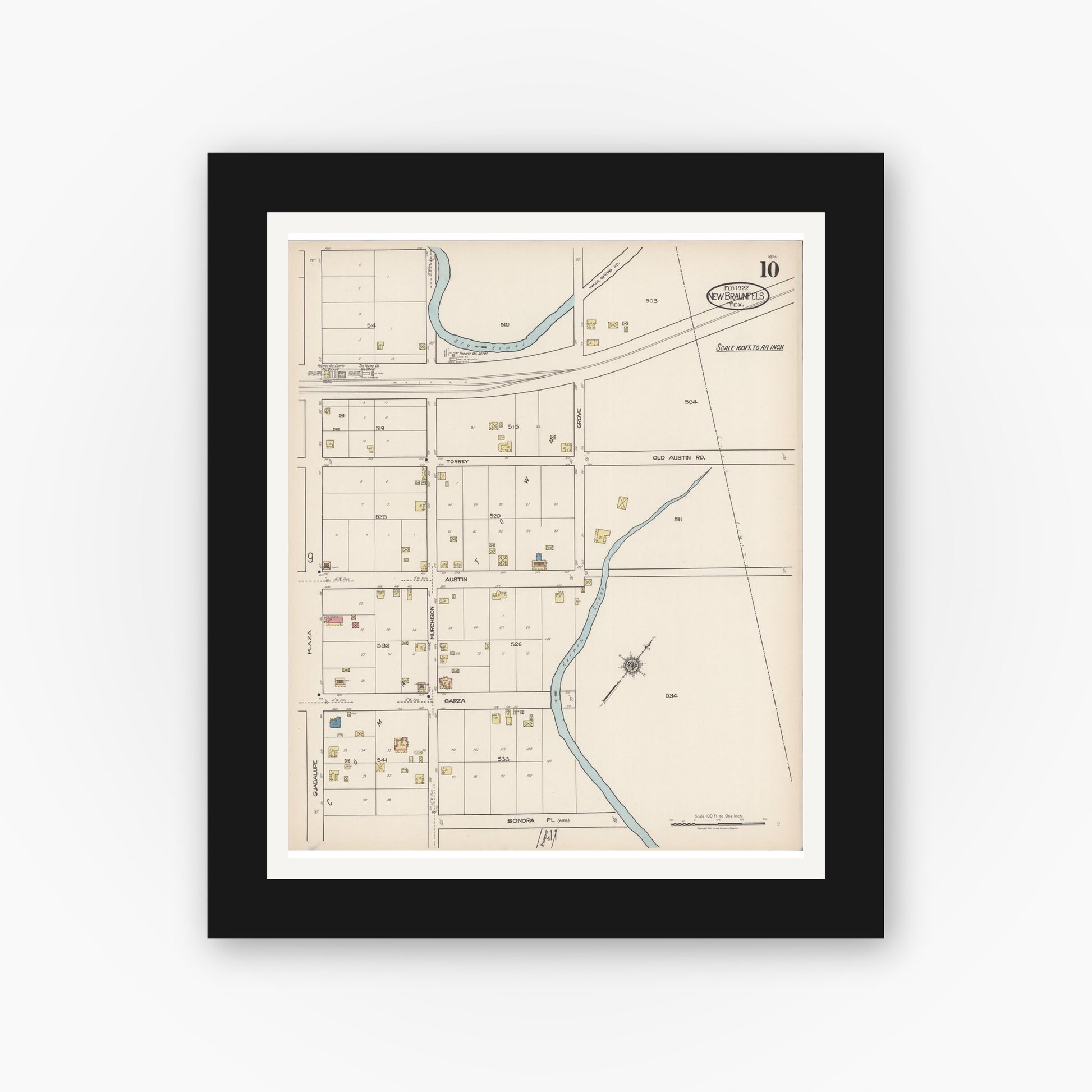 Old map wall art mockup — black gallery frame with white mat — Sanborn Fire Insurance Map from New Braunfels, Comal County, Texas (1922), Sheet #0010