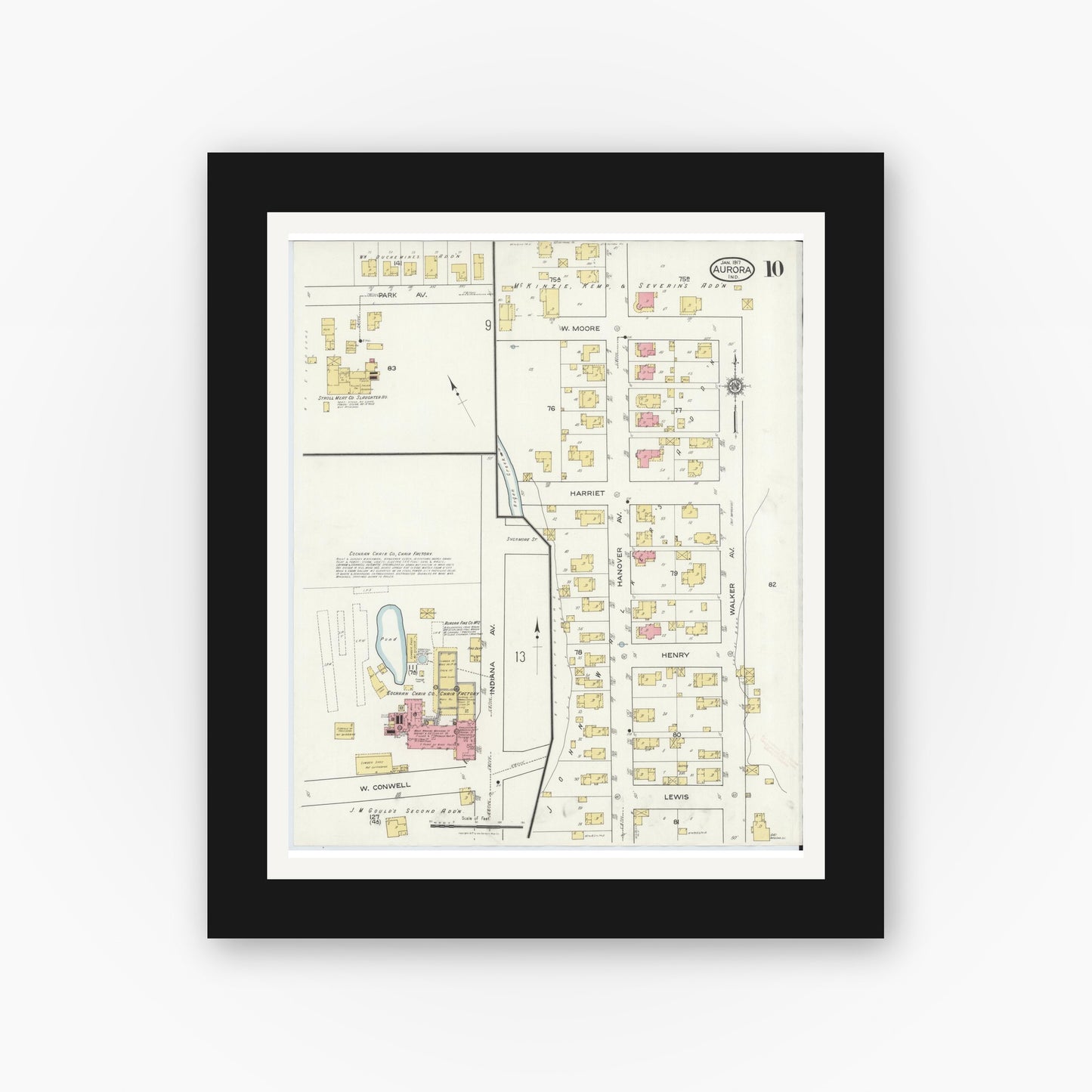 Old map wall art mockup — black gallery frame with white mat — Sanborn Fire Insurance Map from Aurora, Dearborn County, Indiana (1917), Sheet #0010