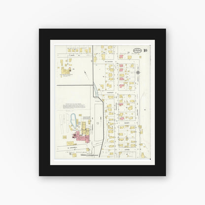 Old map wall art mockup — black gallery frame with white mat — Sanborn Fire Insurance Map from Aurora, Dearborn County, Indiana (1917), Sheet #0010