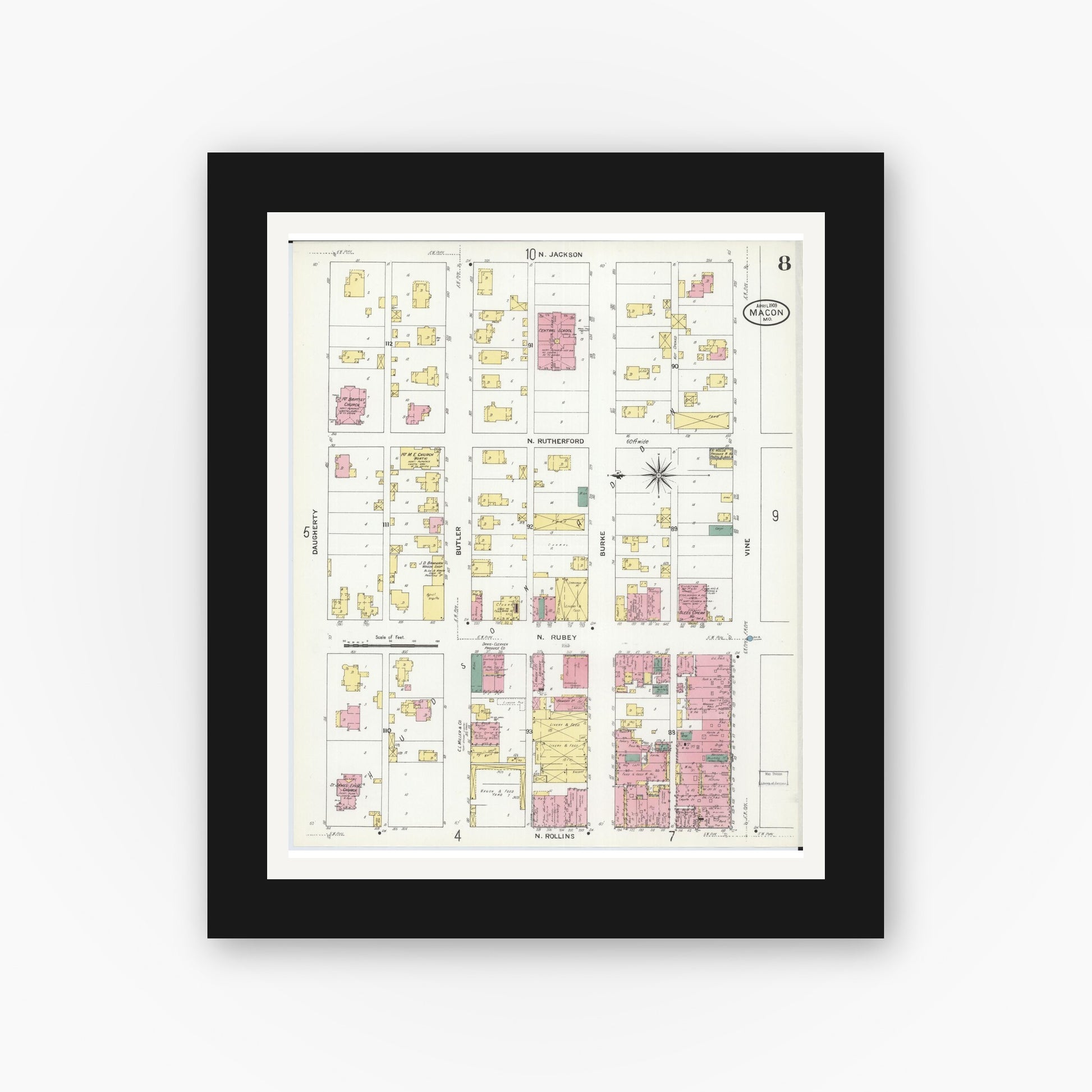 Old map wall art mockup — black gallery frame with white mat — Sanborn Fire Insurance Map from Macon, Macon County, Missouri (1909), Sheet #0008