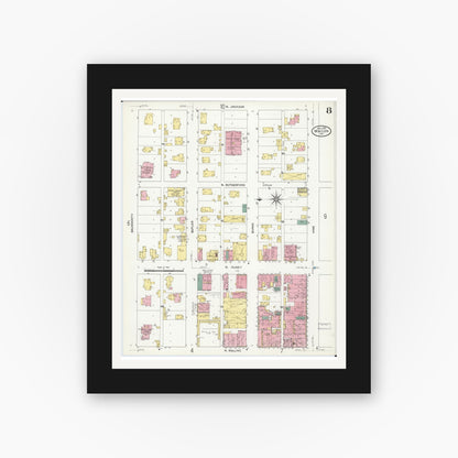 Old map wall art mockup — black gallery frame with white mat — Sanborn Fire Insurance Map from Macon, Macon County, Missouri (1909), Sheet #0008