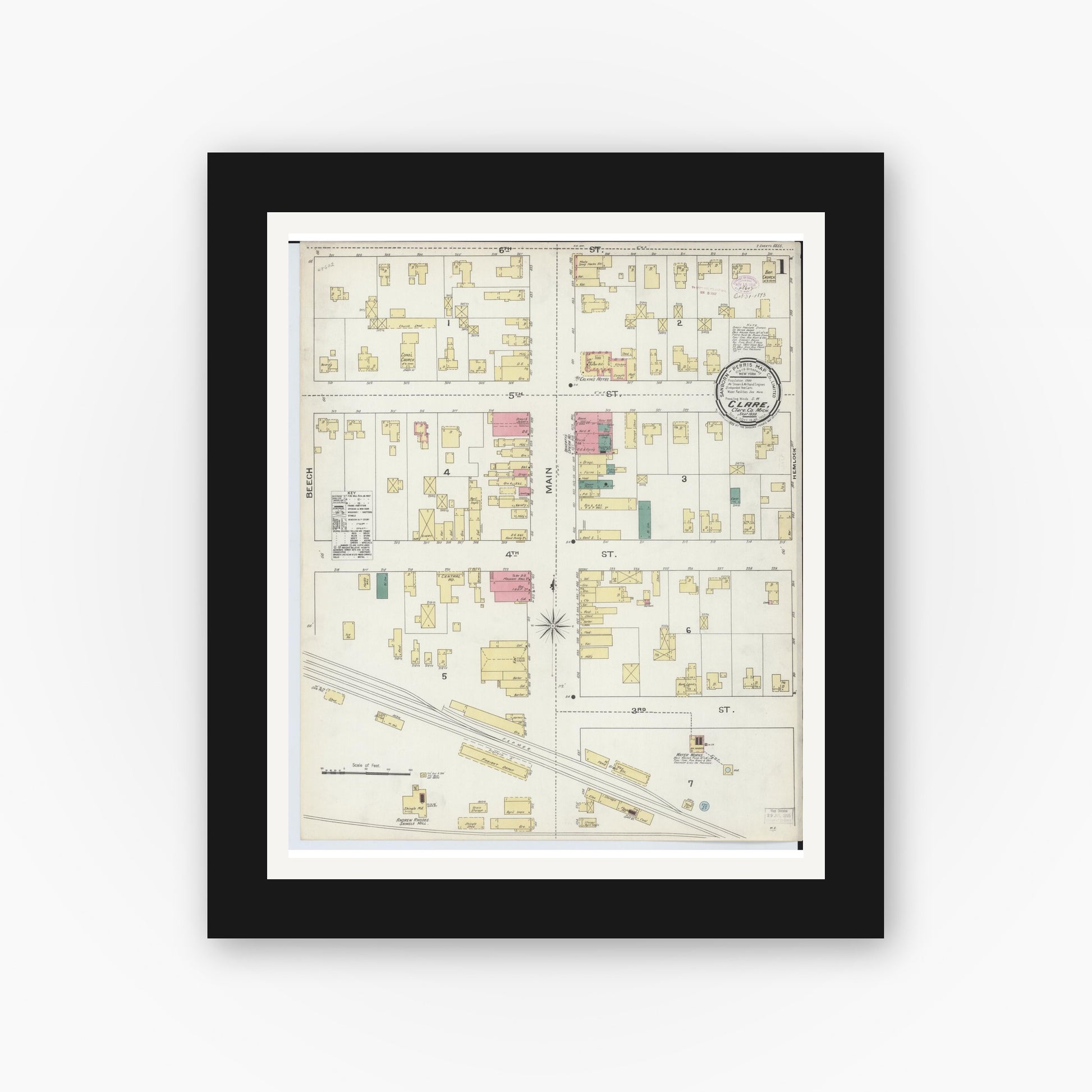 Old map wall art mockup — black gallery frame with white mat — Sanborn Fire Insurance Map from Clare, Clare County, Michigan (1893) - Complete Map Set