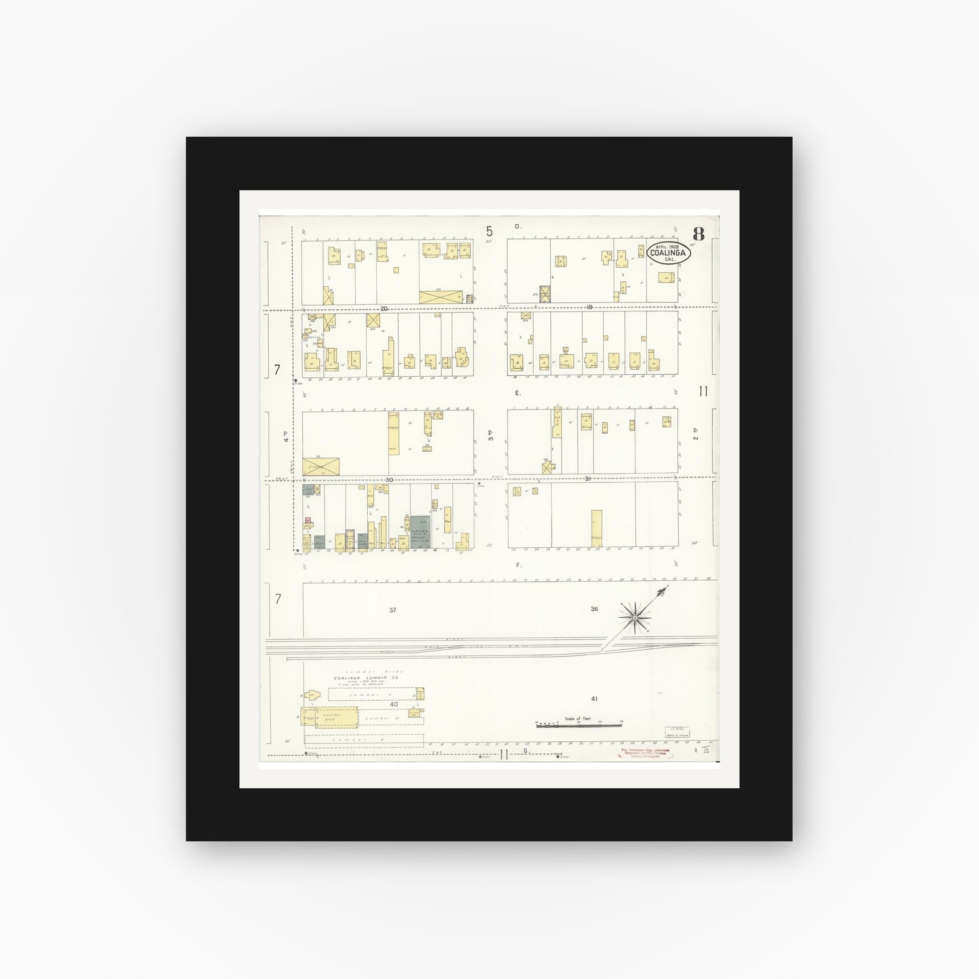 Old map wall art mockup — black gallery frame with white mat — Sanborn Fire Insurance Map from Coalinga, Fresno County, California (1909), Sheet #0008