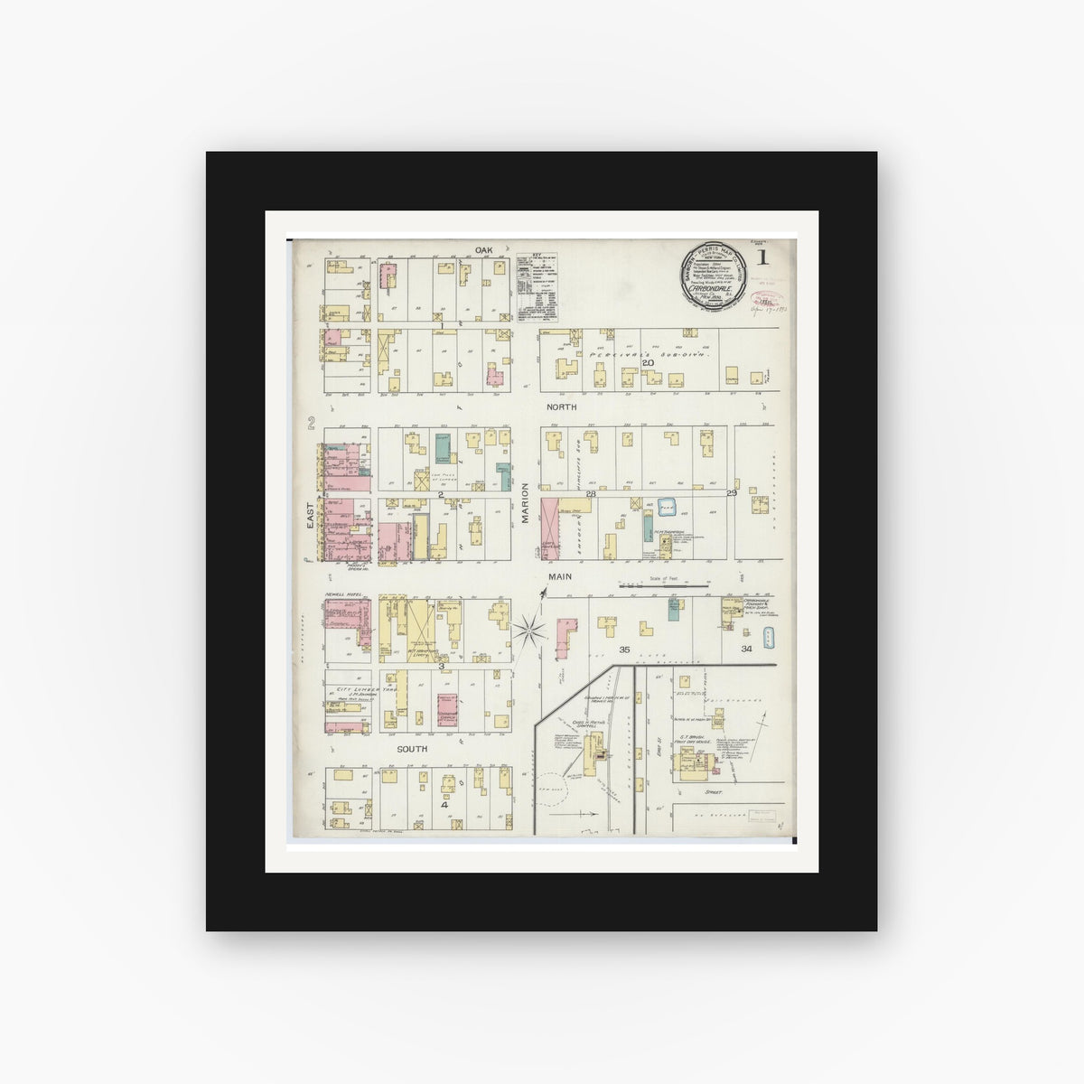 Old map wall art mockup — black gallery frame with white mat — Sanborn Fire Insurance Map from Carbondale, Jackson County, Illinois (1893) - Complete Map Set