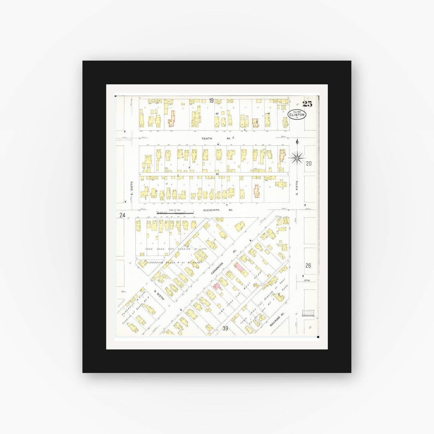 Old map wall art mockup — black gallery frame with white mat — Sanborn Fire Insurance Map from Clinton, Clinton County, Iowa (1909), Sheet #0025