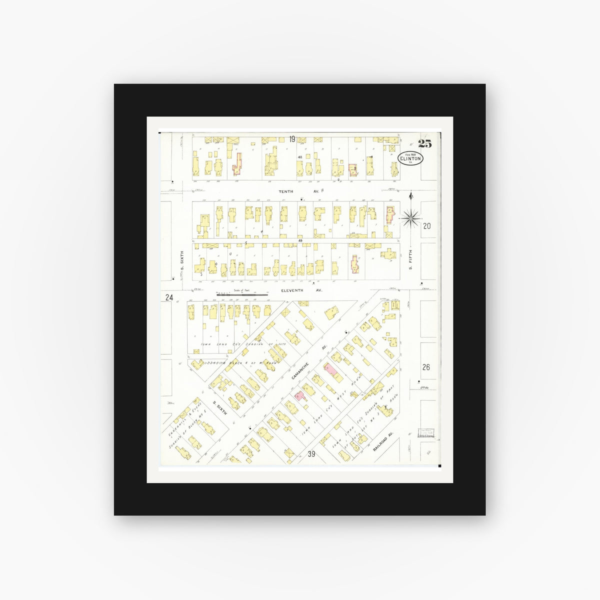 Old map wall art mockup — black gallery frame with white mat — Sanborn Fire Insurance Map from Clinton, Clinton County, Iowa (1909), Sheet #0025