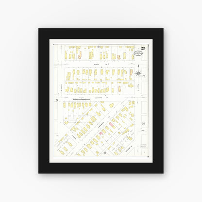 Old map wall art mockup — black gallery frame with white mat — Sanborn Fire Insurance Map from Clinton, Clinton County, Iowa (1909), Sheet #0025
