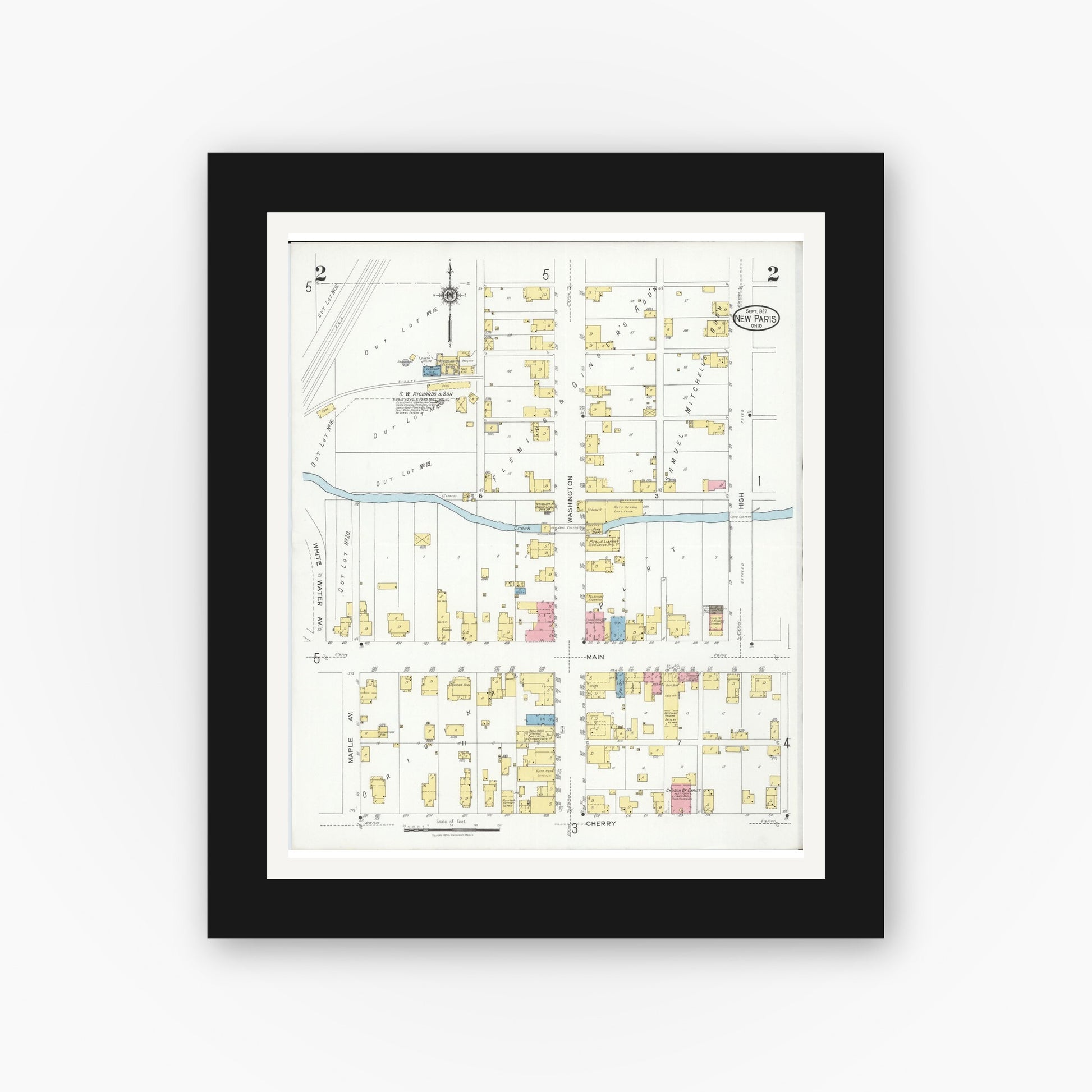 Old map wall art mockup — black gallery frame with white mat — Sanborn Fire Insurance Map from New Paris, Preble County, Ohio (1927), Sheet #0002