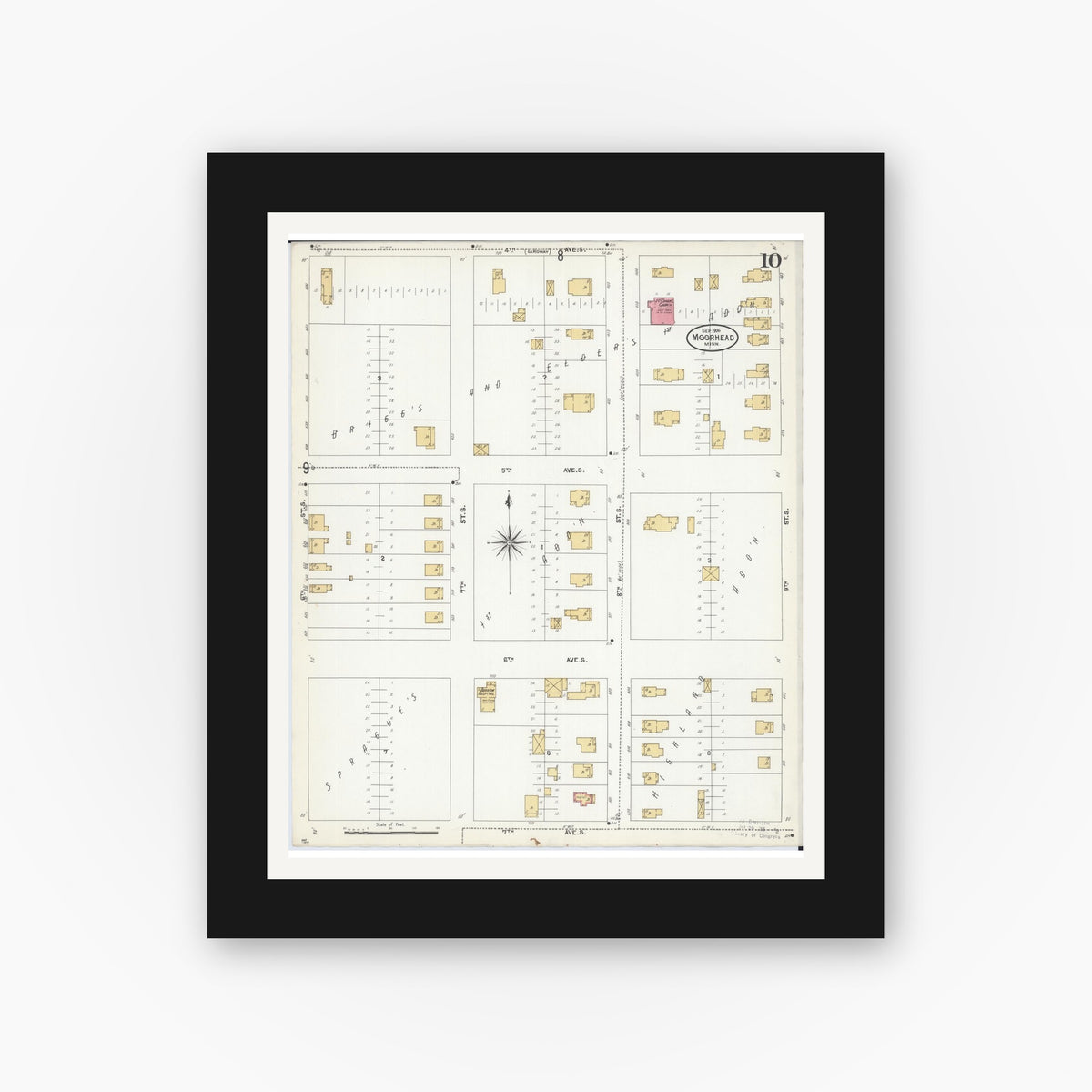 Old map wall art mockup — black gallery frame with white mat — Sanborn Fire Insurance Map from Moorhead, Clay County, Minnesota (1906), Sheet #0010