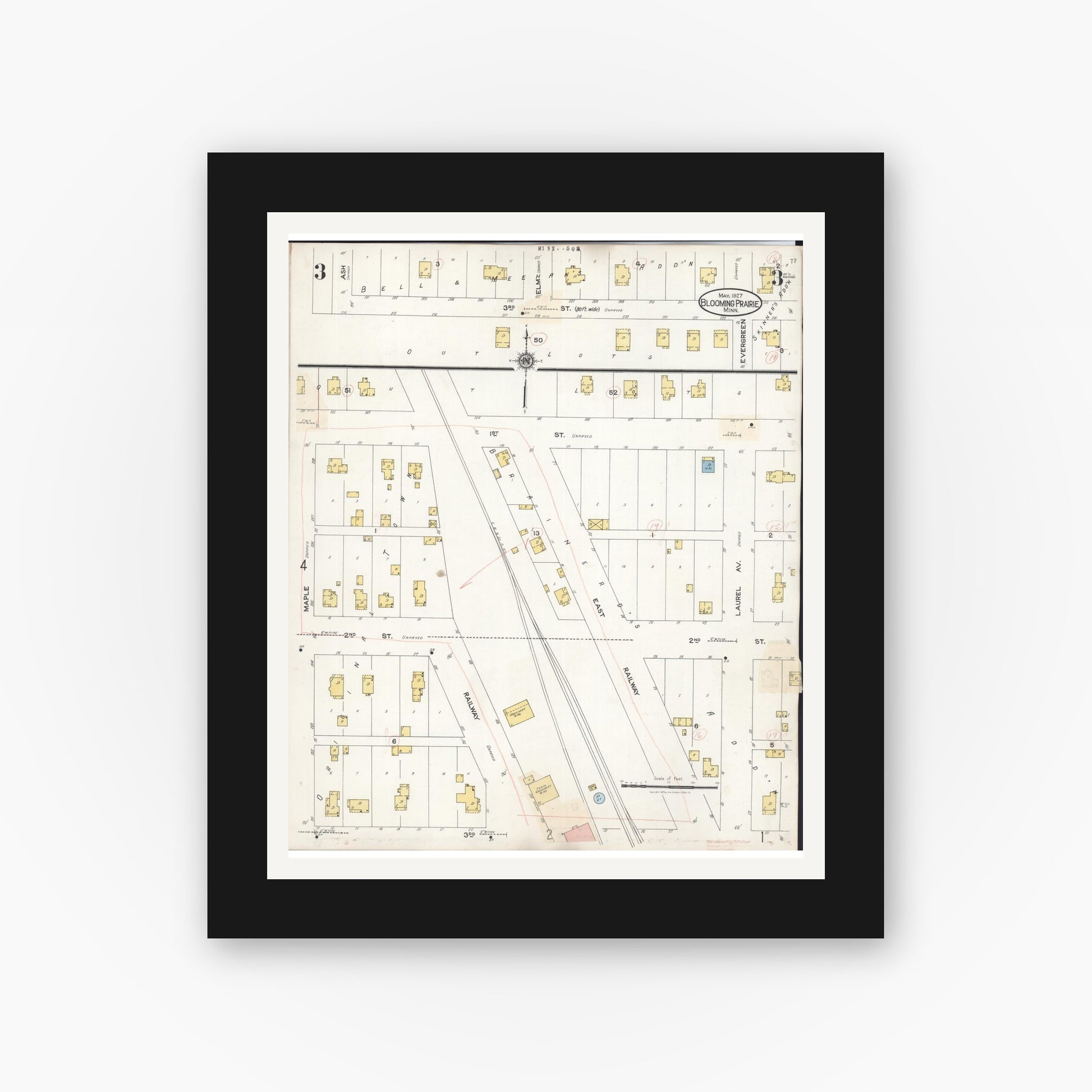 Old map wall art mockup — black gallery frame with white mat — Sanborn Fire Insurance Map from Blooming Prairie, Steele County, Minnesota (1937), Sheet #0003
