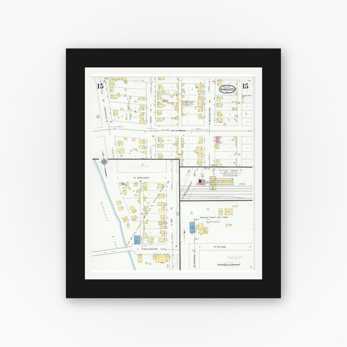 Old map wall art mockup — black gallery frame with white mat — Sanborn Fire Insurance Map from Kankakee, Kankakee County, Illinois (1930), Sheet #0015